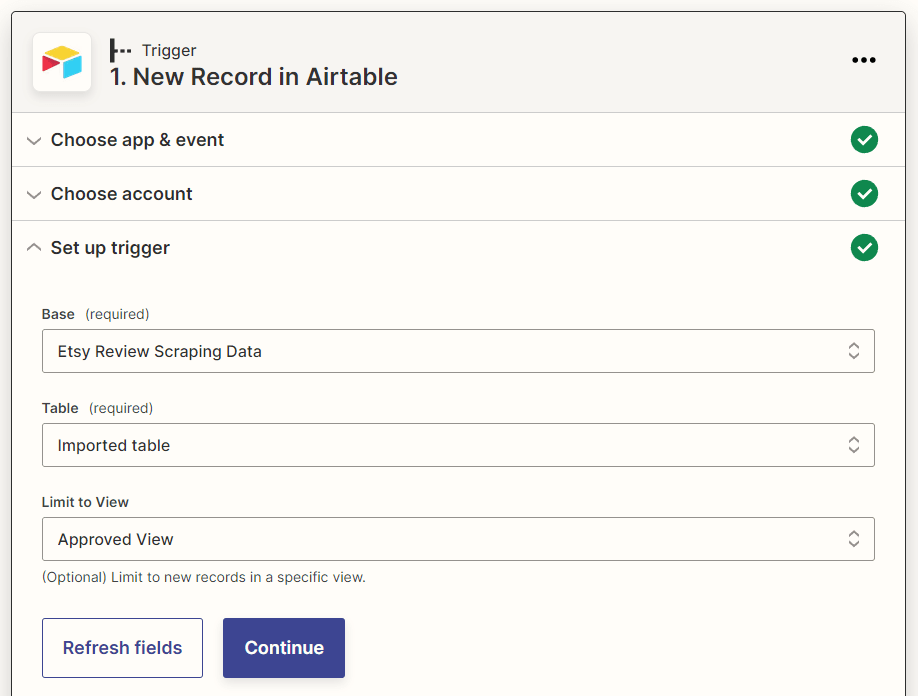 Screenshot of Zapier Airtable new record trigger