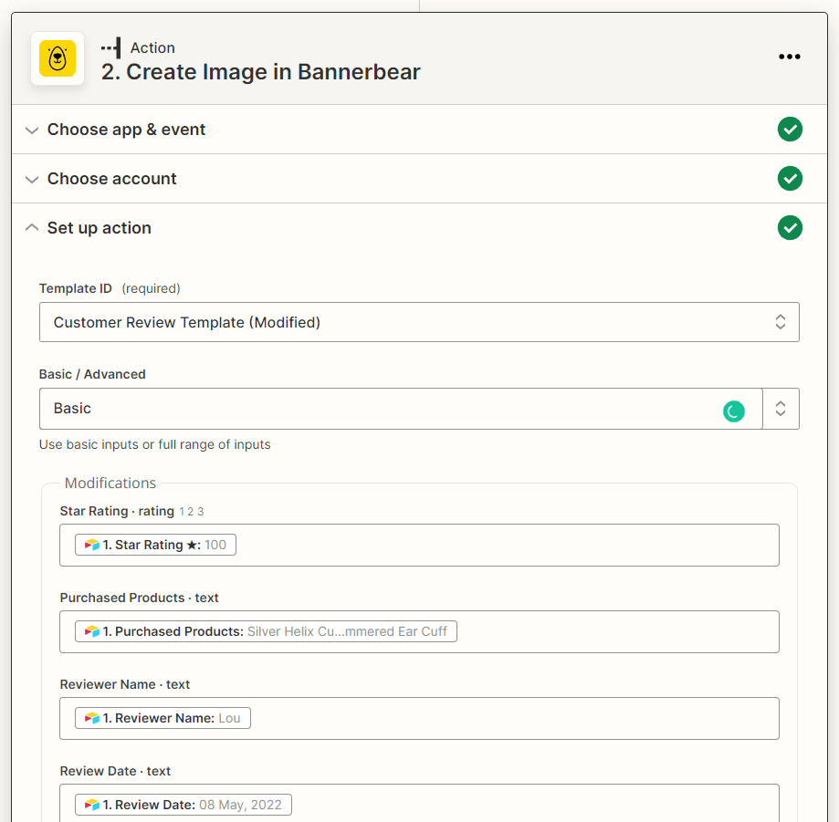Screenshot of Zapier Bannerbear create image action setup