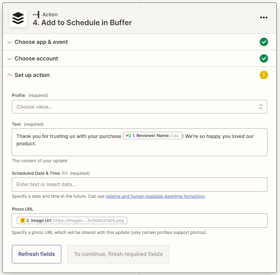 Screenshot of Airtable Buffer add to schedule action setup