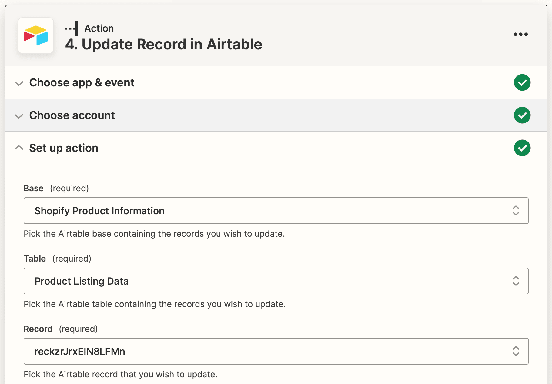 Screenshot of Zapier Airtable update record action setup