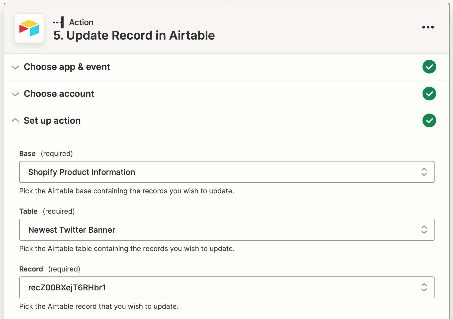 Screenshot of Zapier Airtable update record action setup