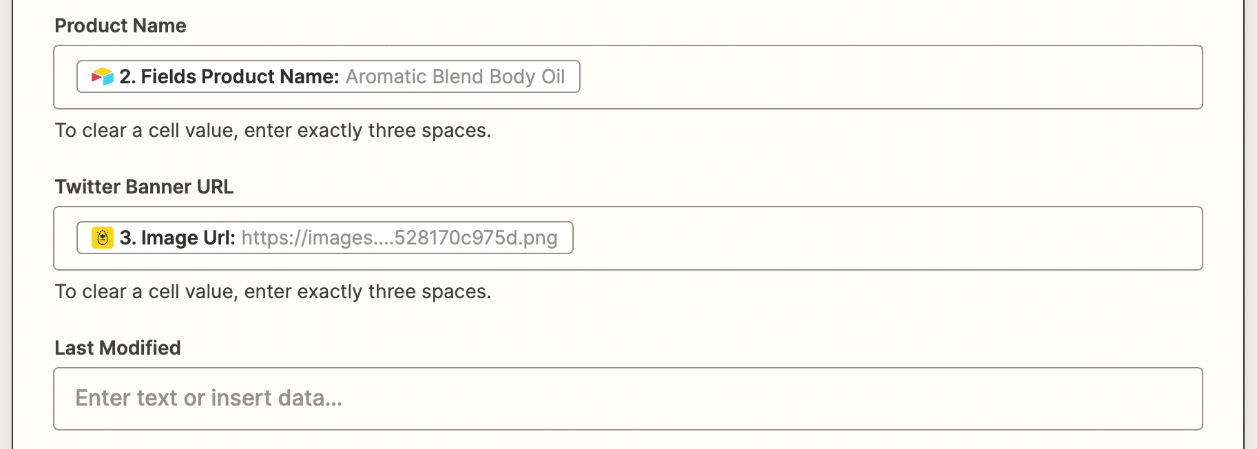 Screenshot of Zapier Airtable Update record trigger product name and image URL mapped