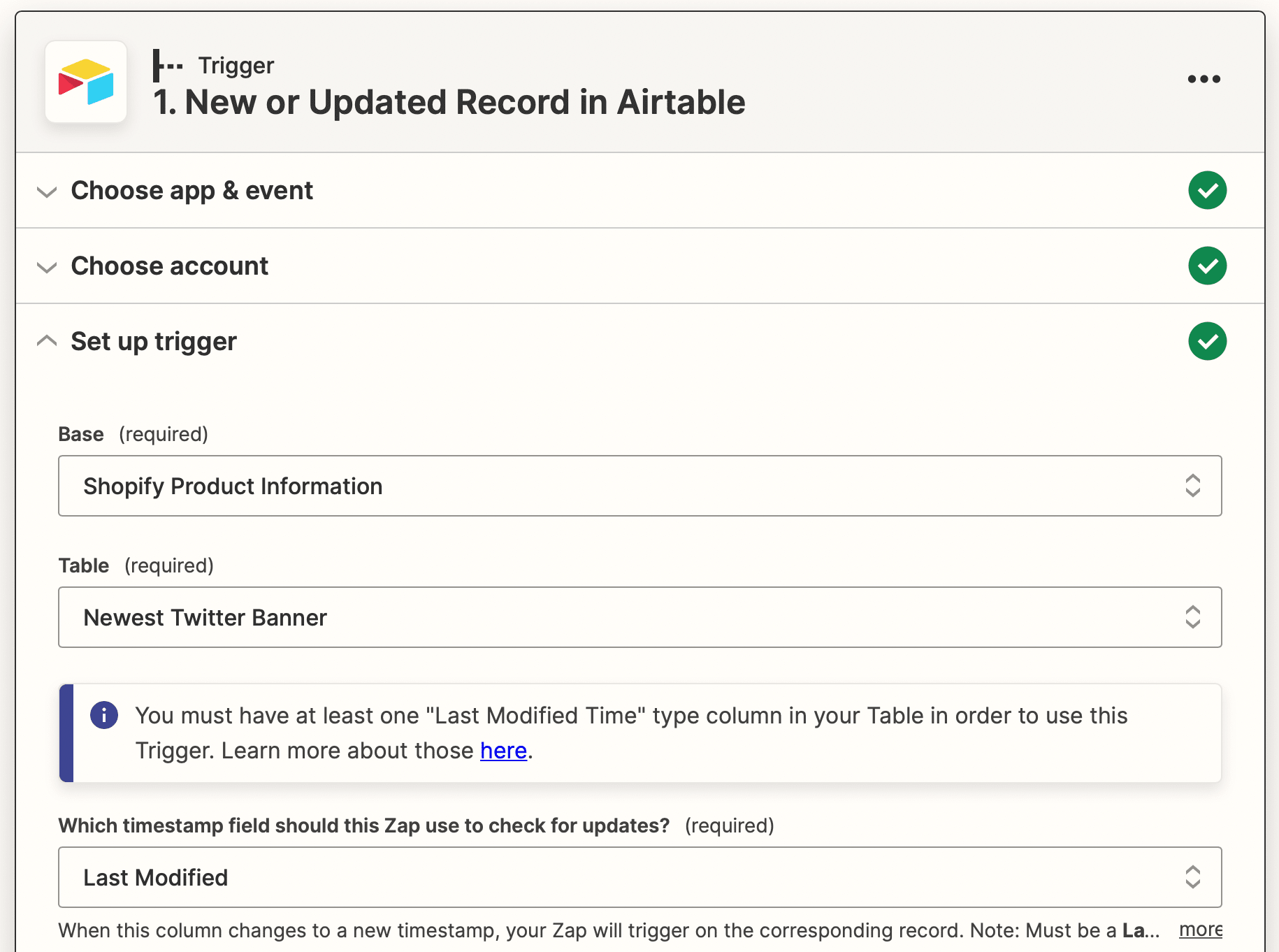 Screenshot of Zapier Airtable trigger new or updated record setup