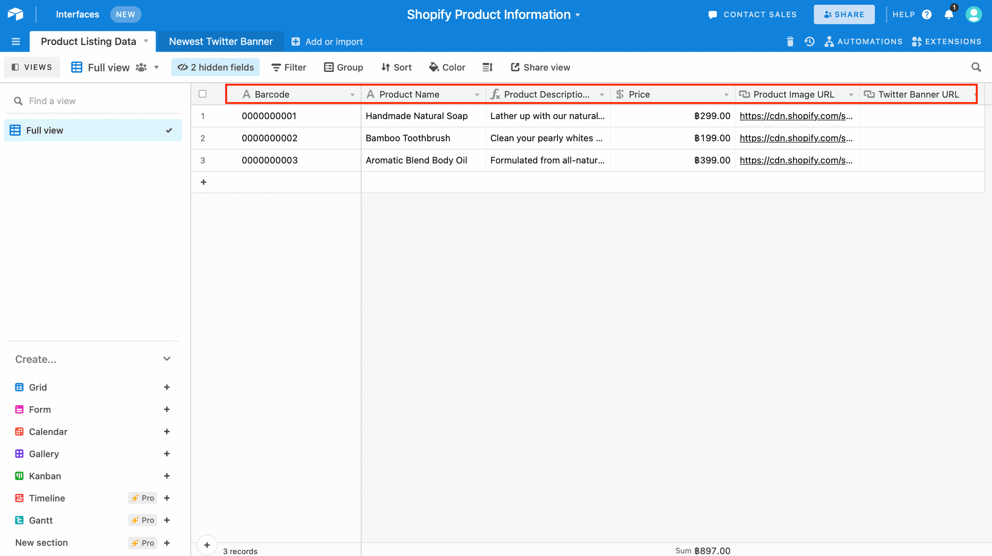 Screenshot of Airtable product listing data table with fields outlined in red