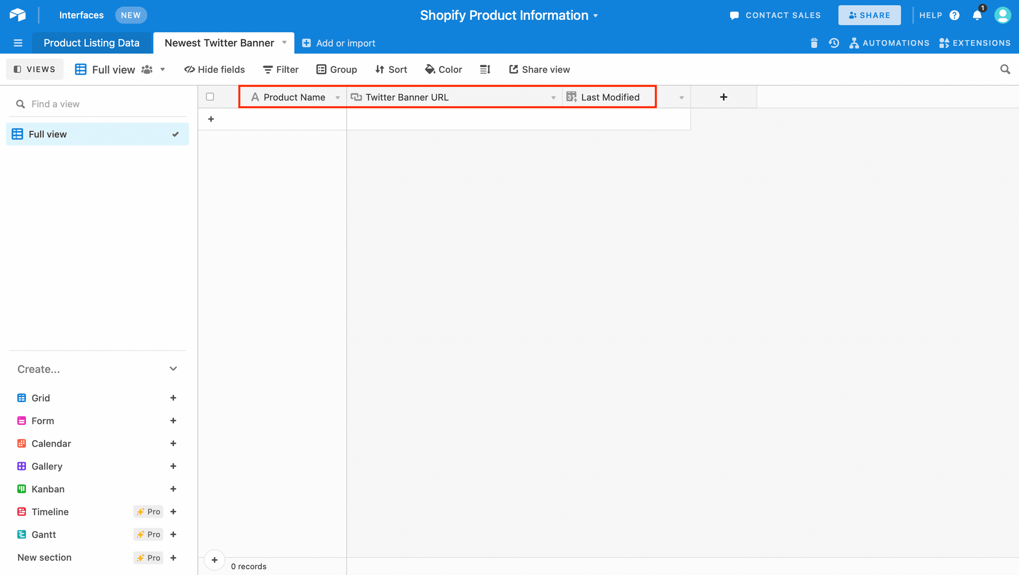 Screenshot of Airtable newest twitter banner table