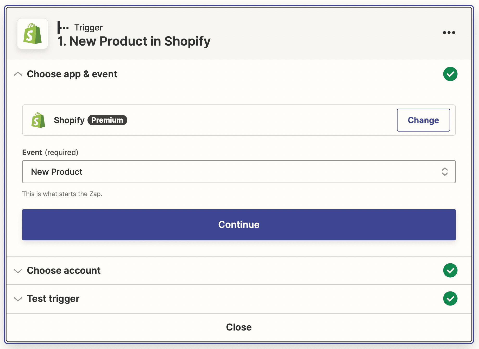 Screenshot of Zapier Shopify new product trigger