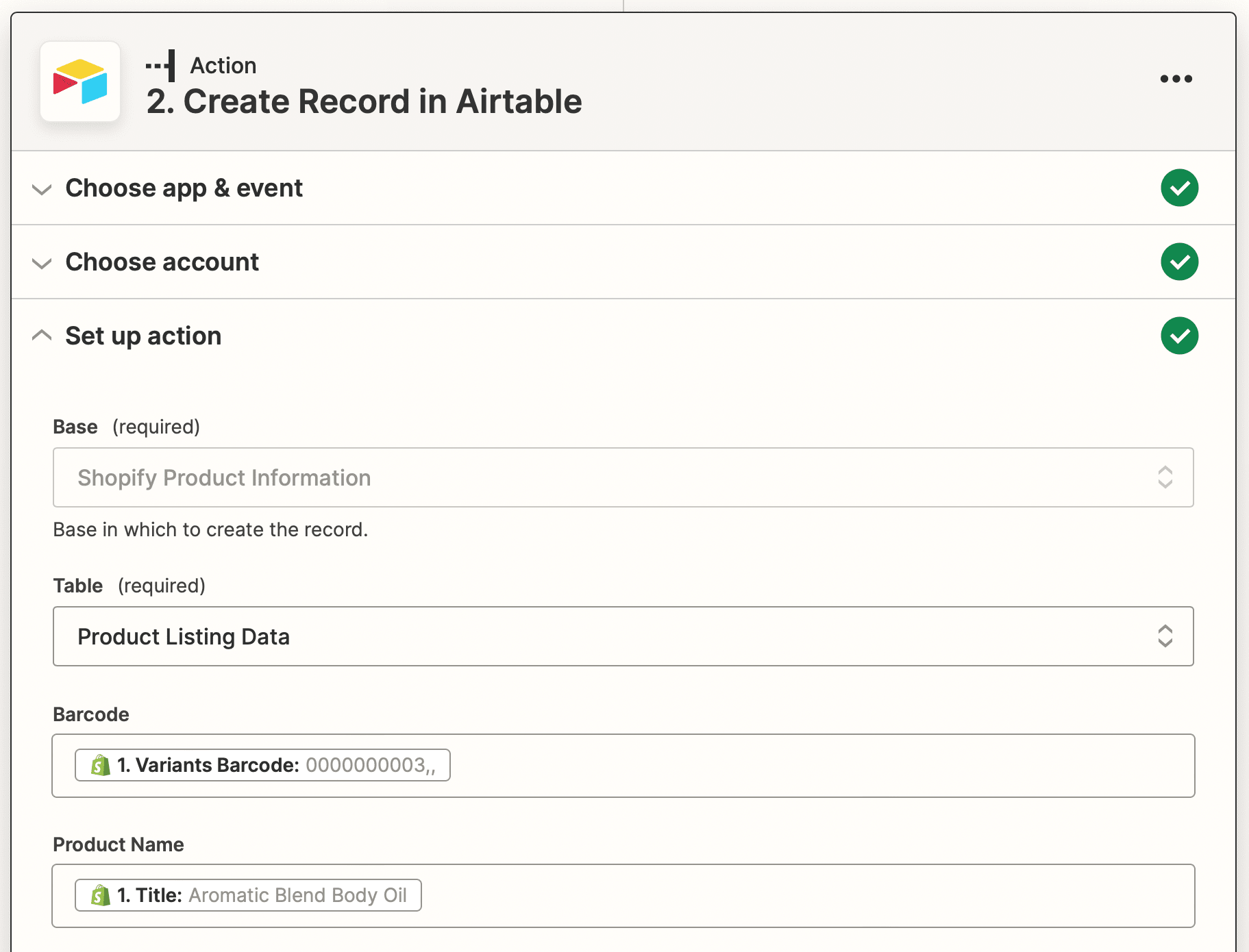 Screenshot of Zapier Airtable create record action setup