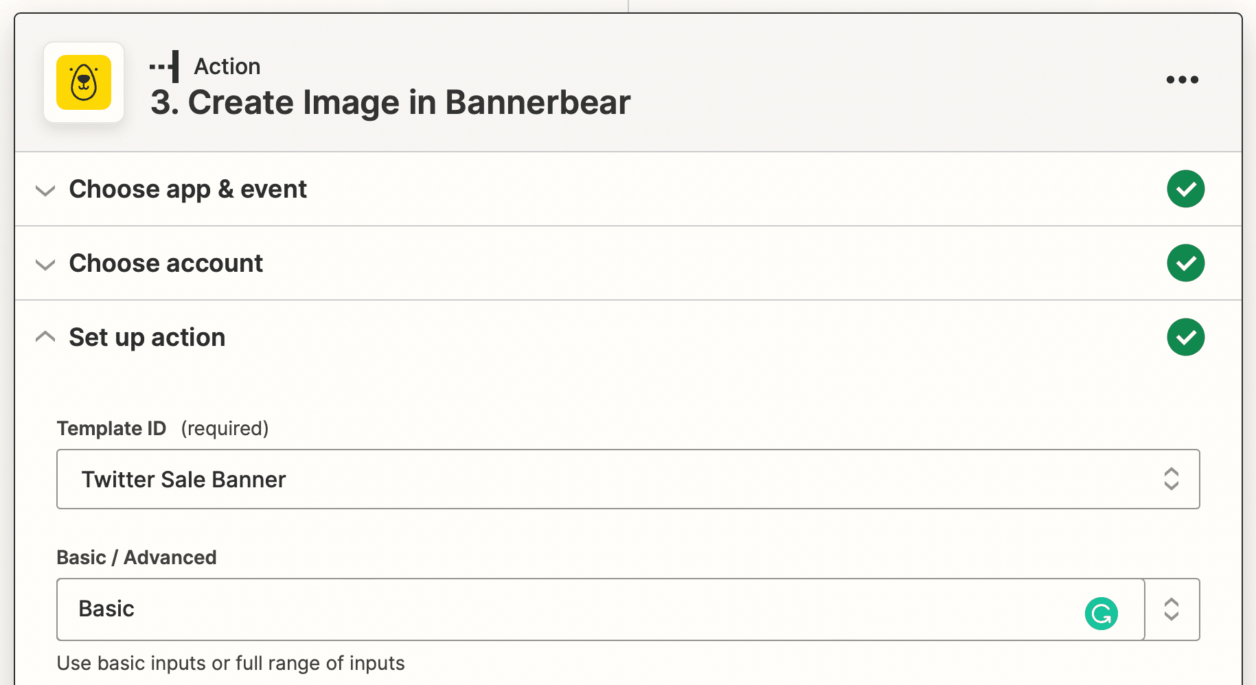 Screenshot of Zapier Bannerbear create image action setup