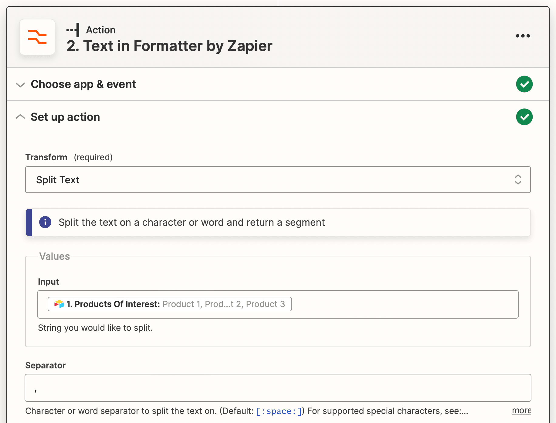 Screenshot of Zapier text in formatter action with split text transform