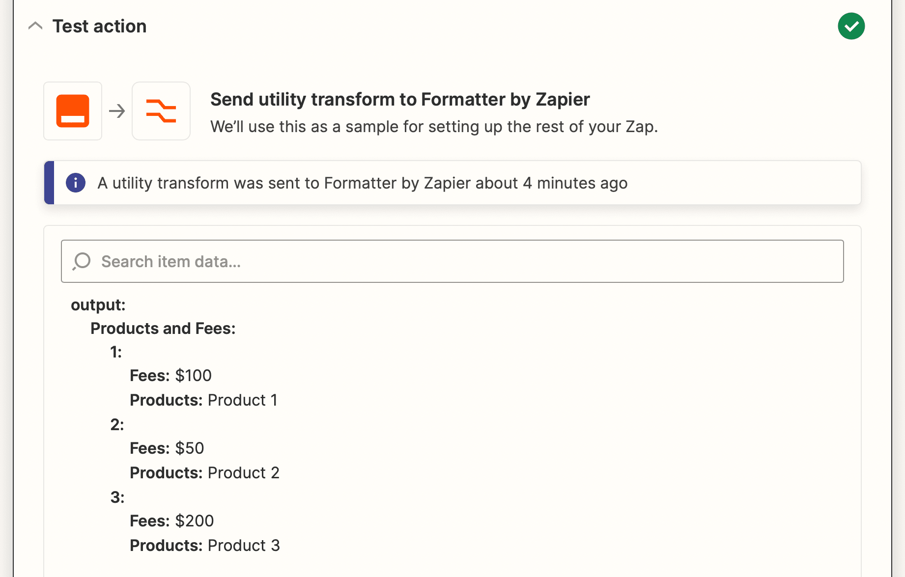 Screenshot of Zapier utility transform test with itemized data