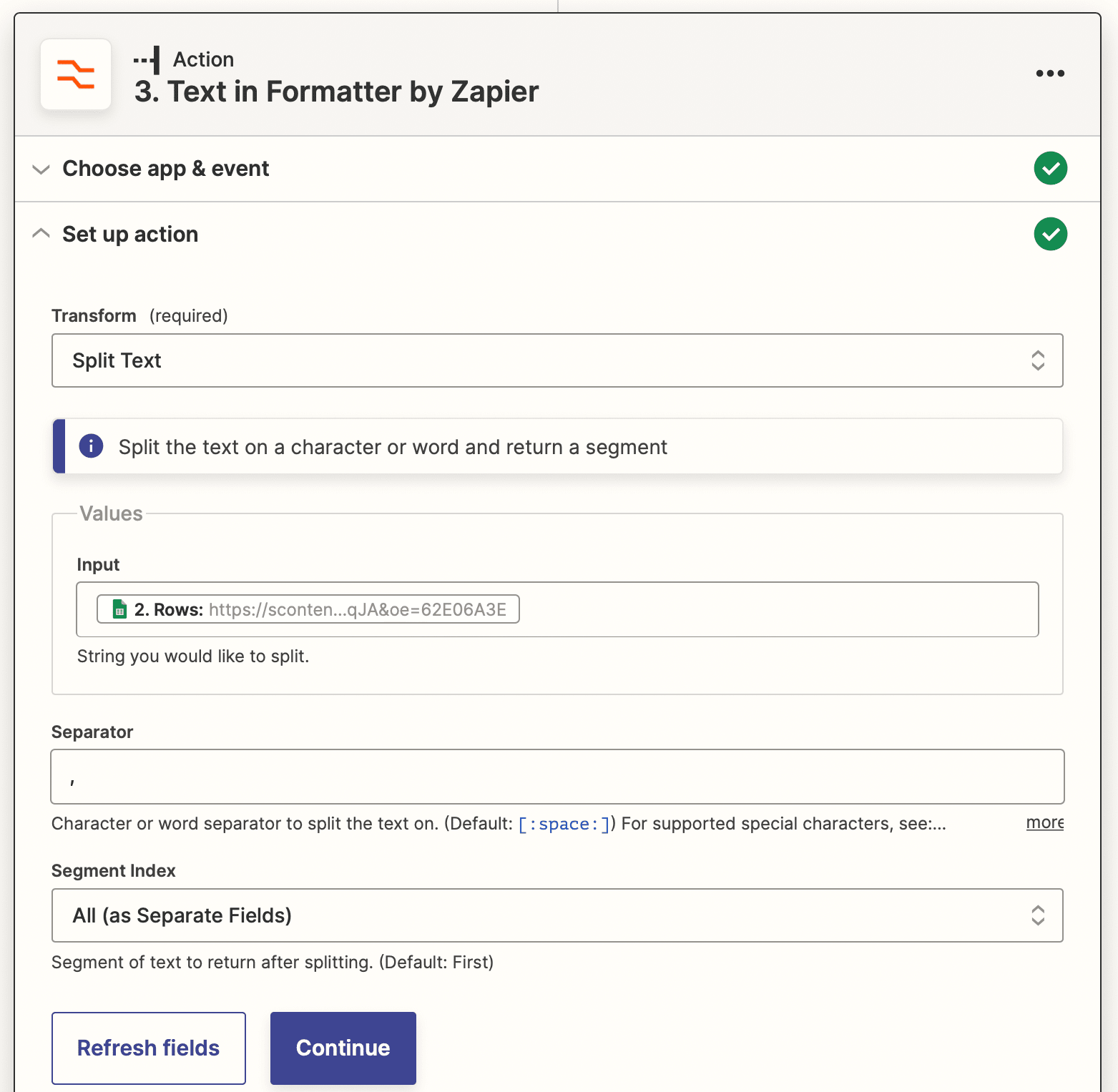 Screenshot of Zapier Formatter split text action setup