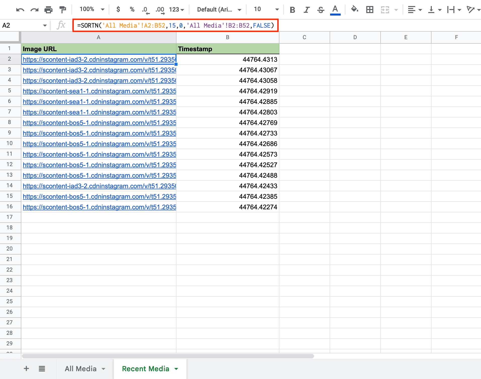 Screenshot of Sheets Recent Media worksheet and red box around SORTN formula