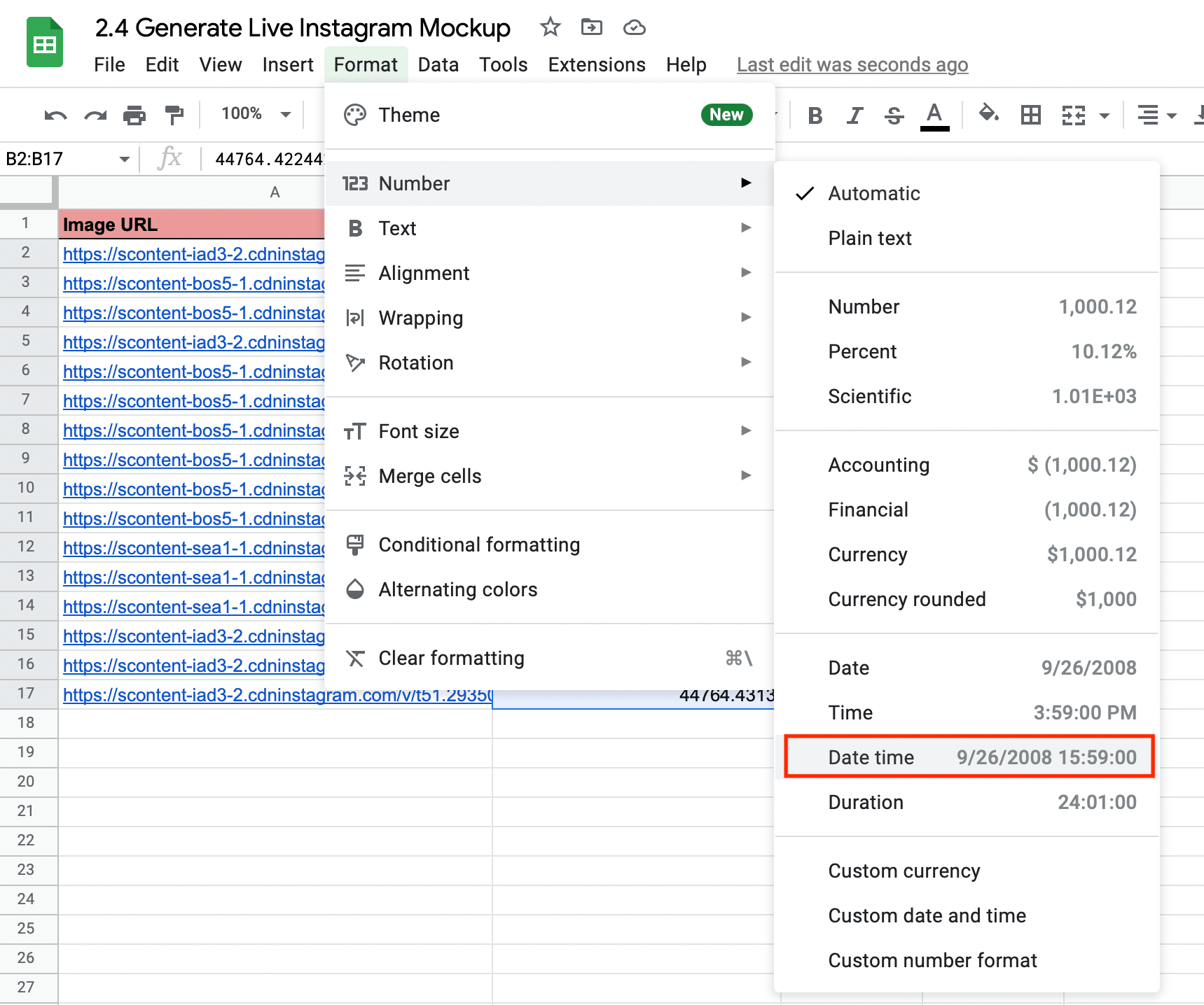 Screenshot of Sheets number formatting action with red box on date time button