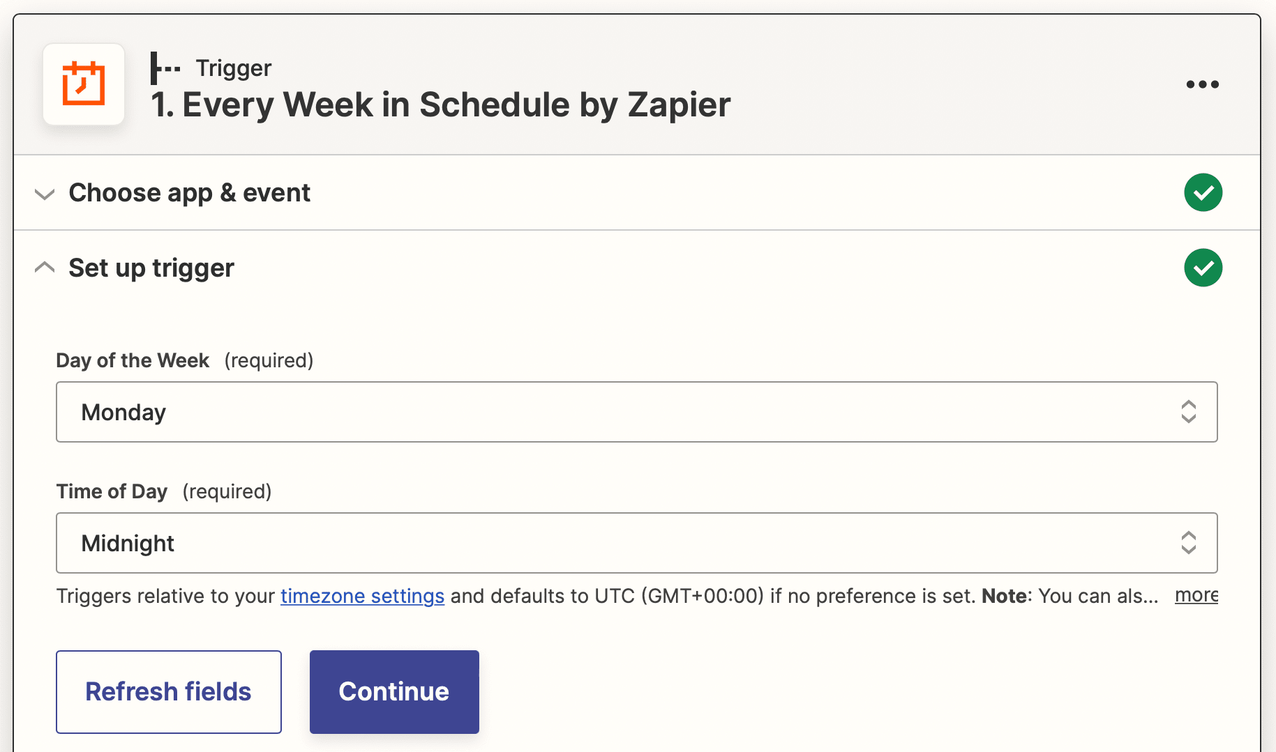 Screenshot of Zapier Schedule every week trigger with day and time setup