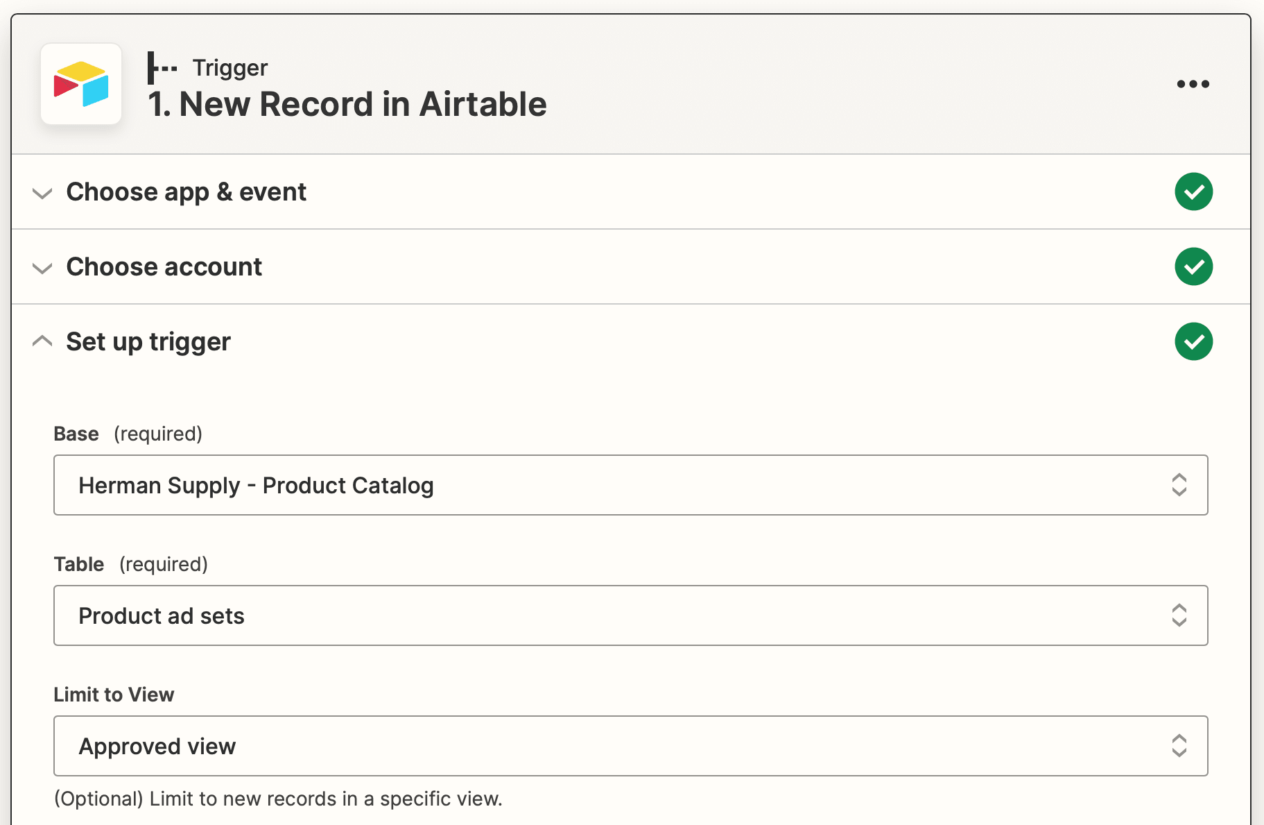 Screenshot of Zapier Airtable new record trigger setup