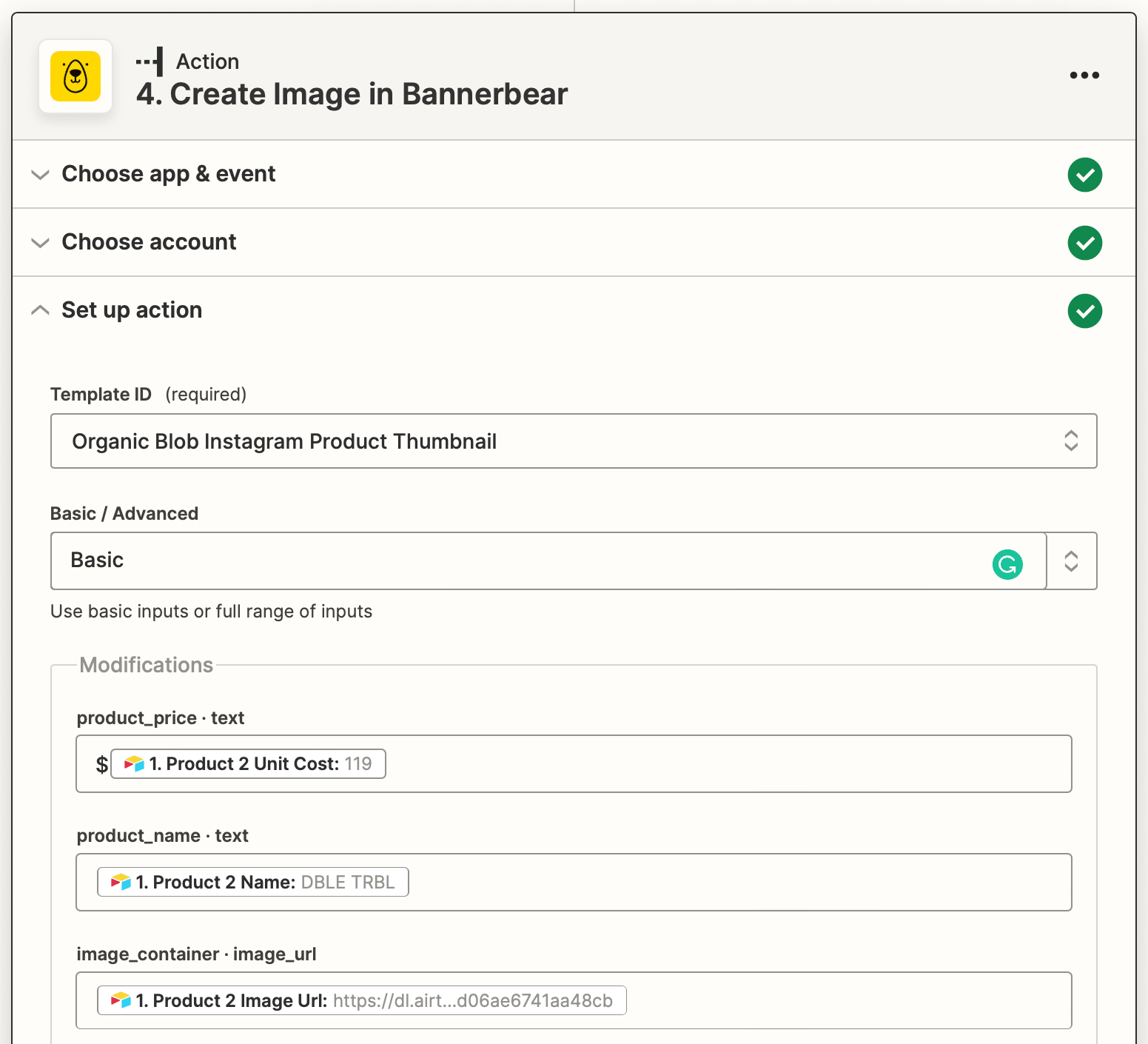 Screenshot of Zapier Bannerbear create image action setup