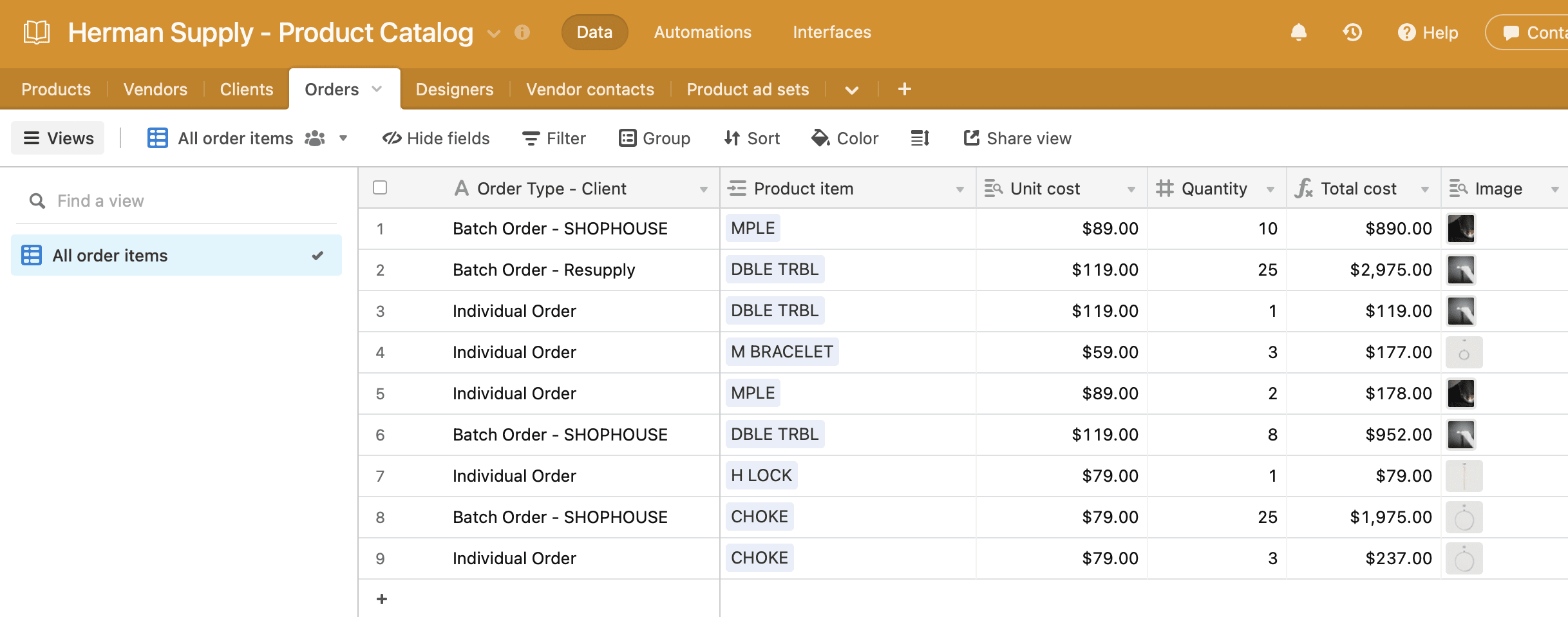 Screenshot of Airtable orders table