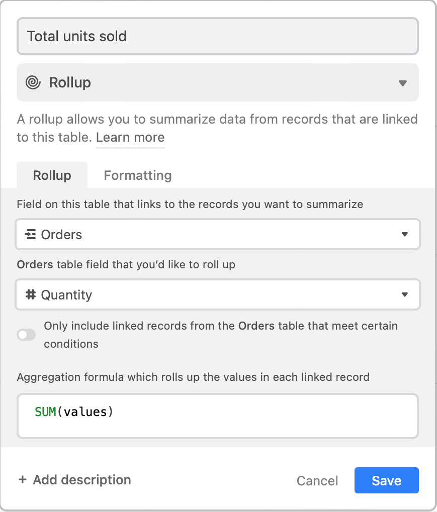 Screenshot of Airtable total units sold rollup formula
