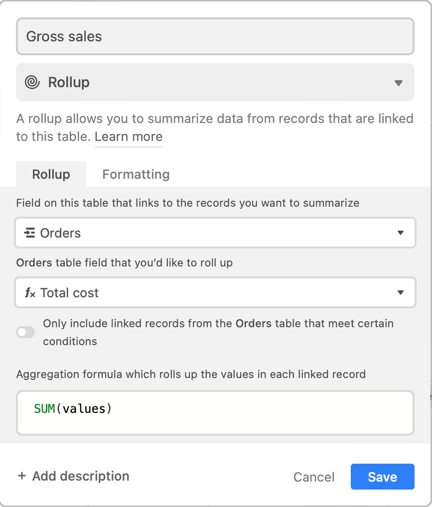 Screenshot of Airtable gross sales rollup formula