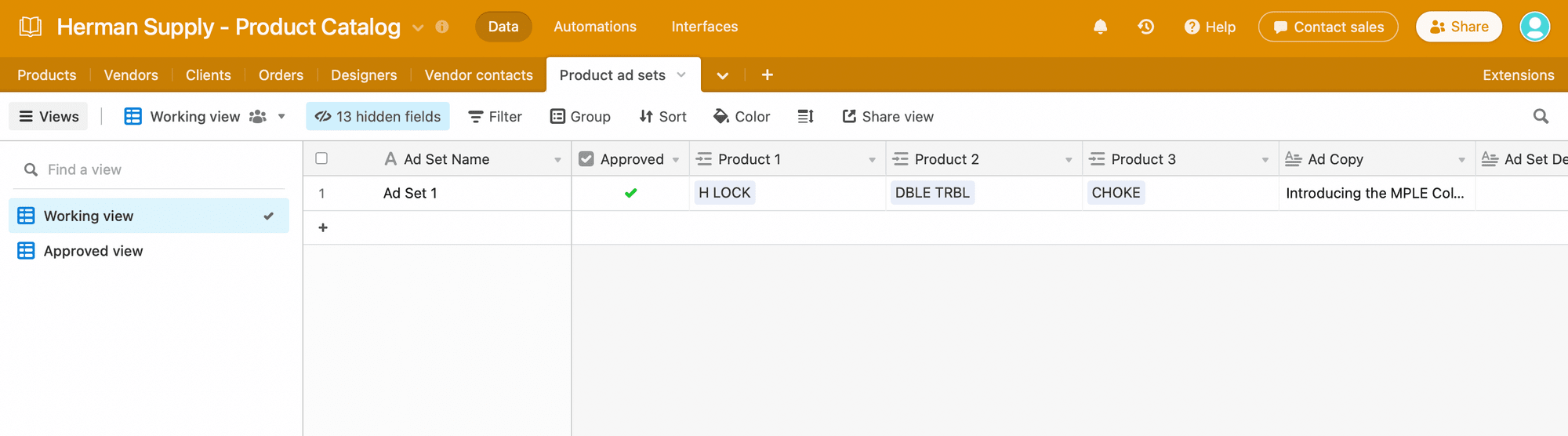 Screenshot of Airtable product ad sets table
