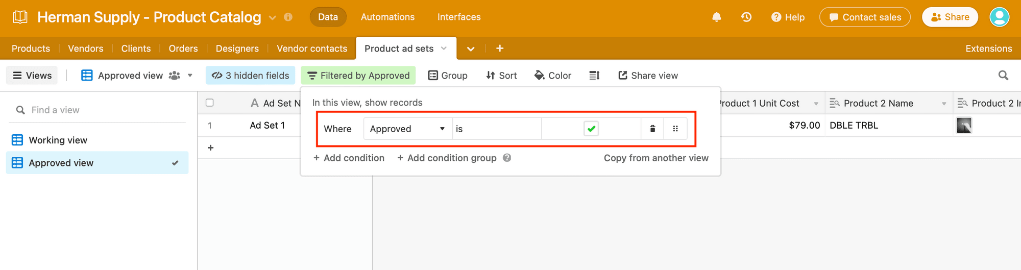 Screenshot of Airtable product ad sets approved view with red box around filter condition