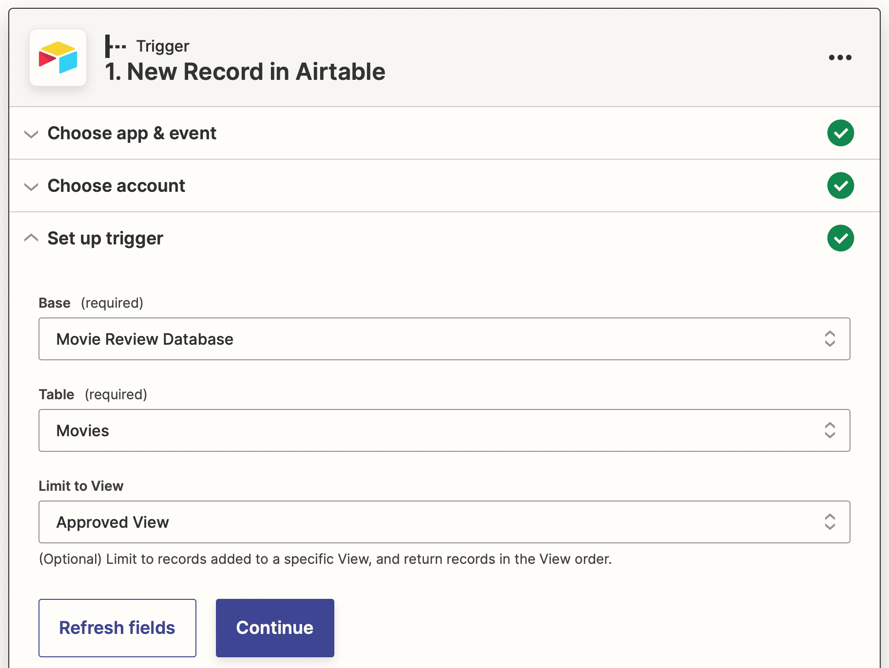 Screenshot of Zapier Airtable new record trigger setup