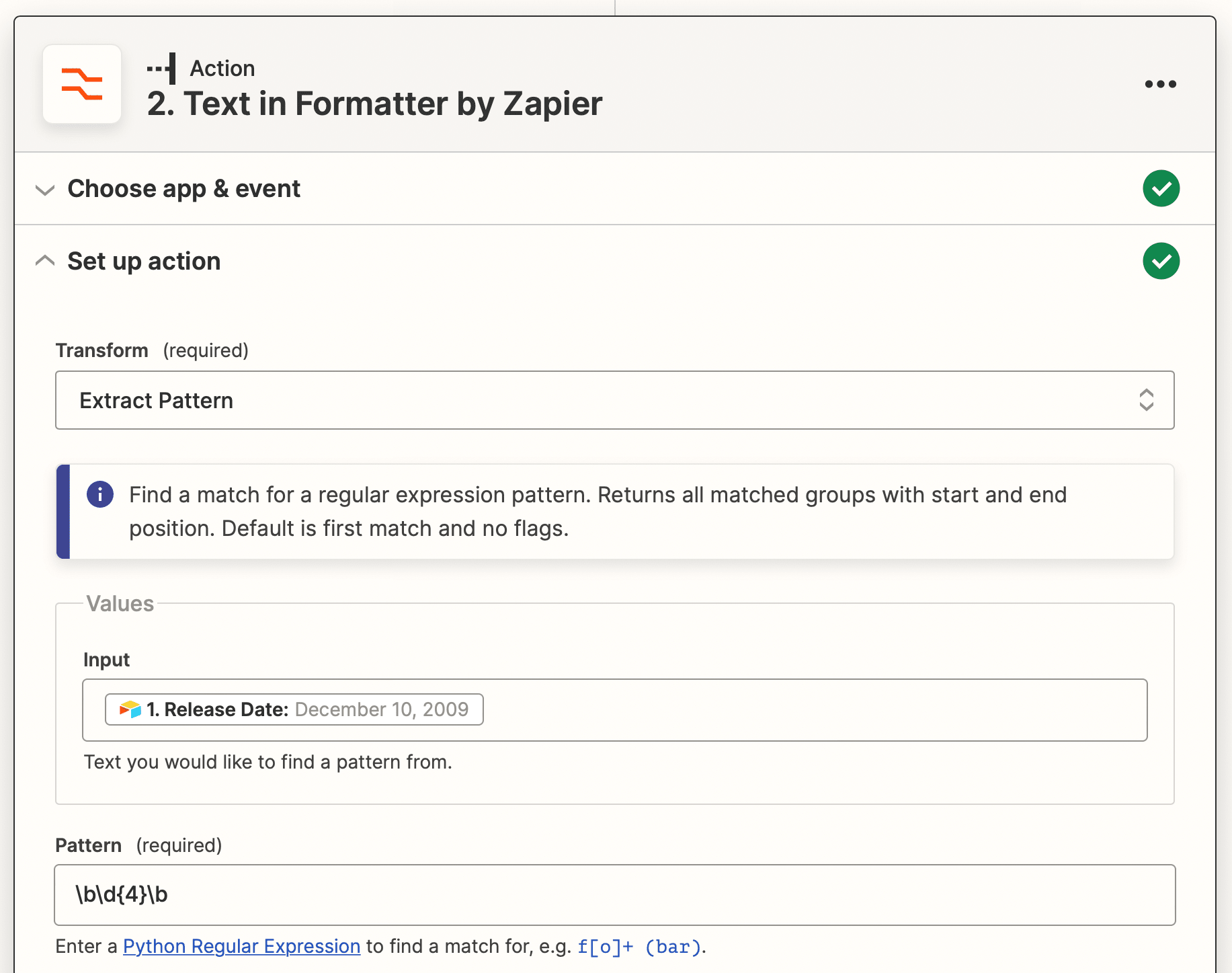 Screenshot of Zapier formatter action setup with regex pattern