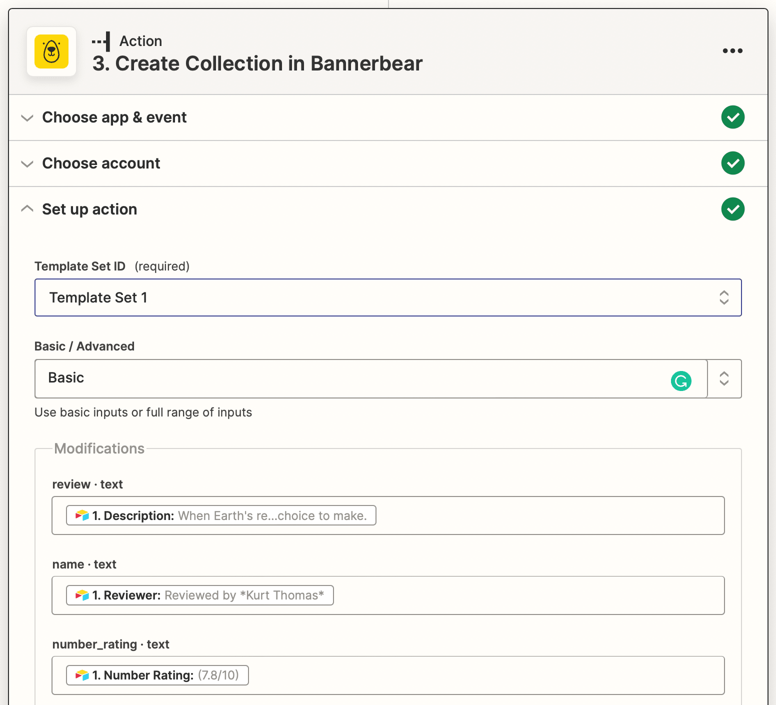 Screenshot of Zapier Bannerbear create collection action setup