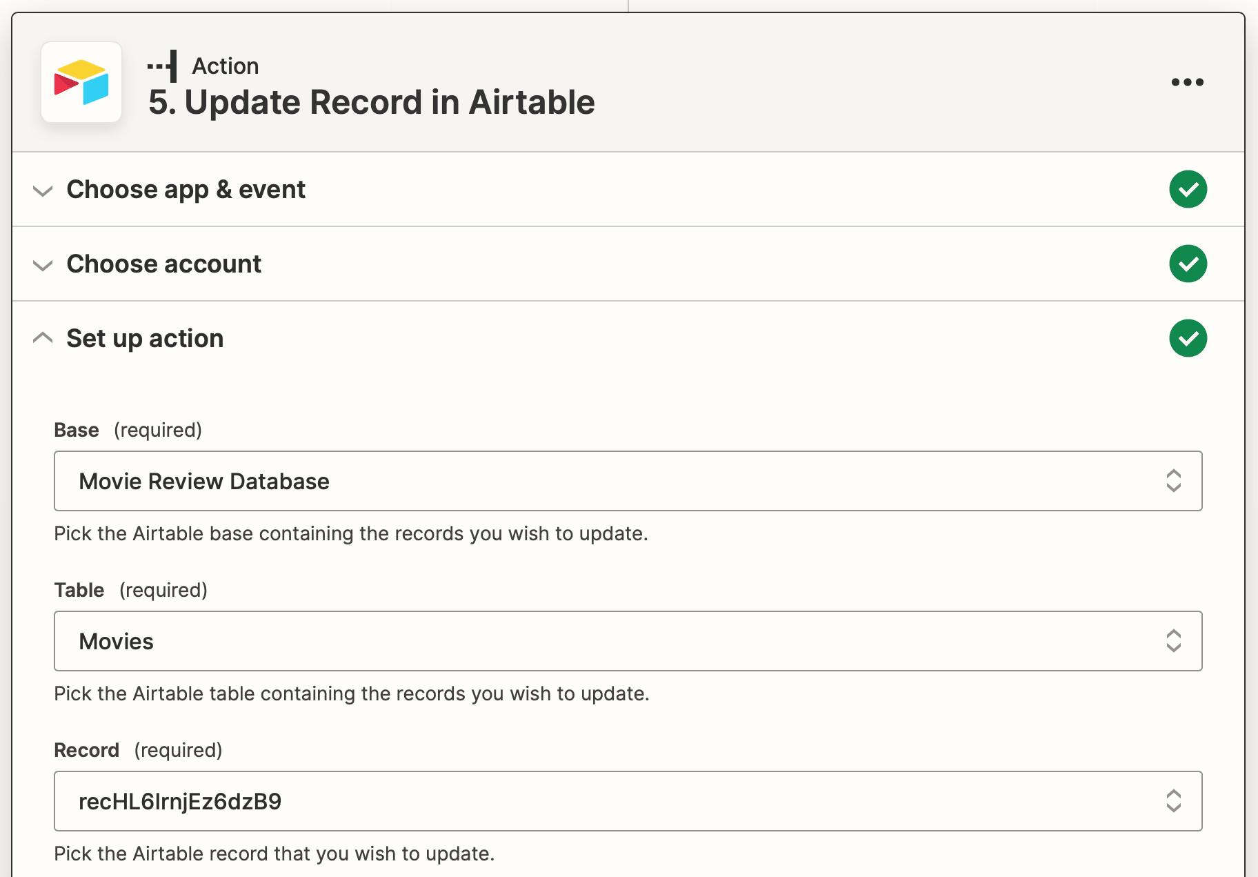 Screenshot of Zapier Airtable update record action setup