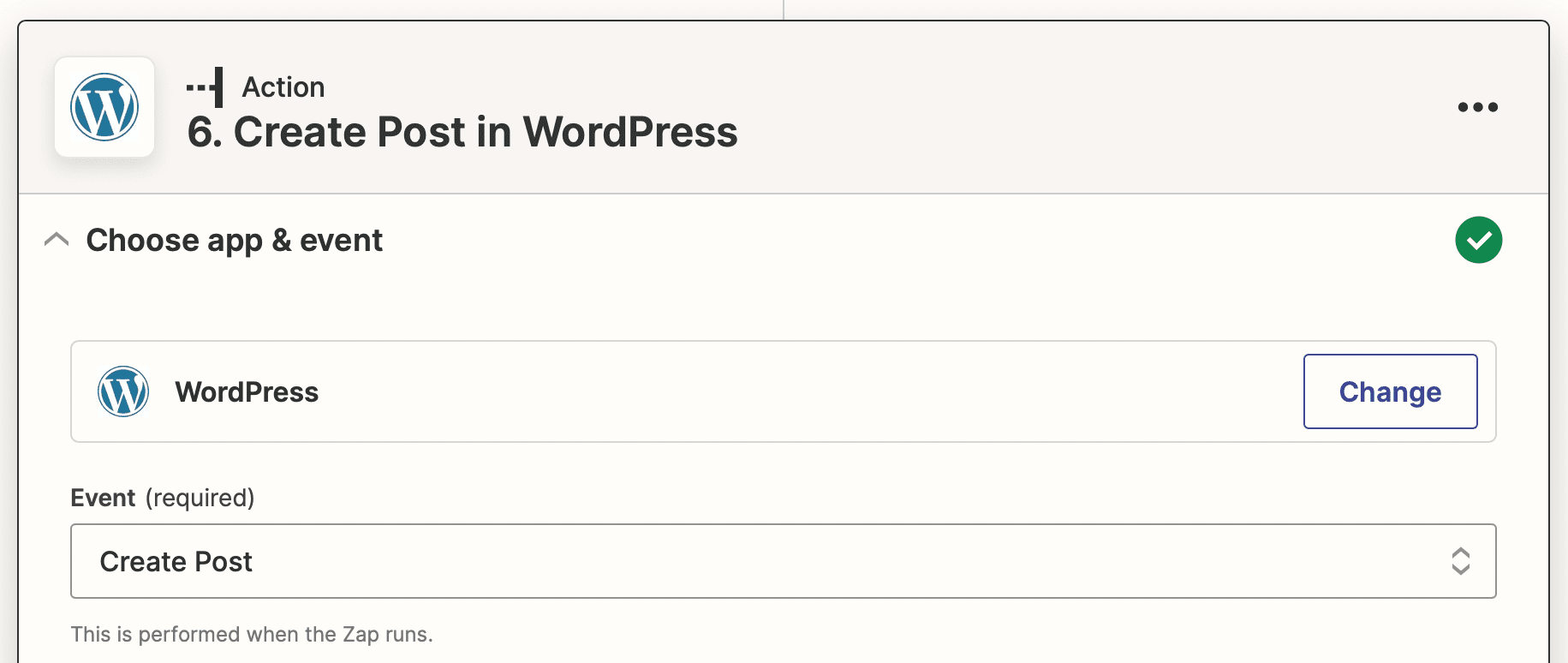Screenshot of Zapier WordPress create post action