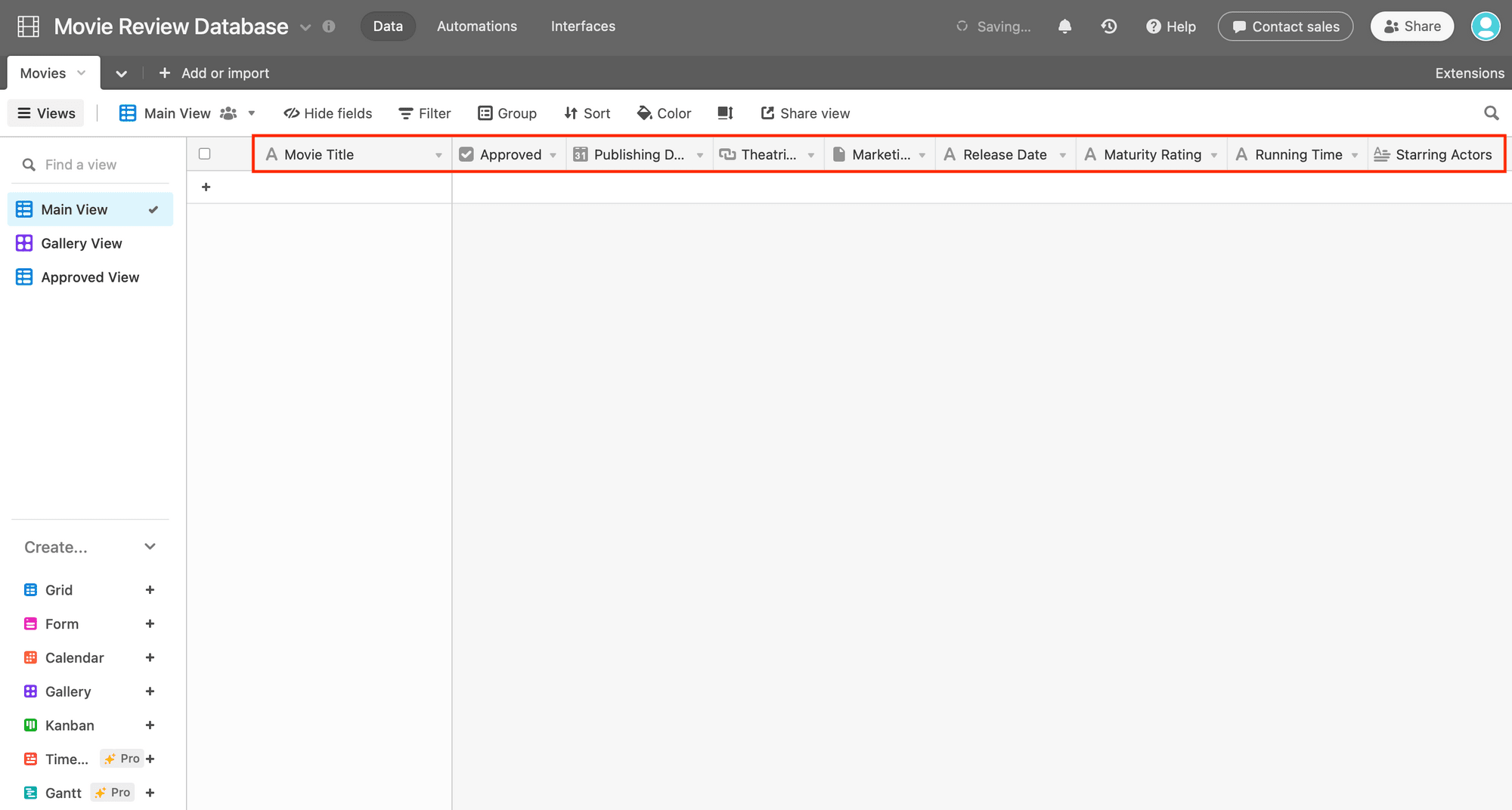 Screenshot of Airtable Movies table with fields outlined in red