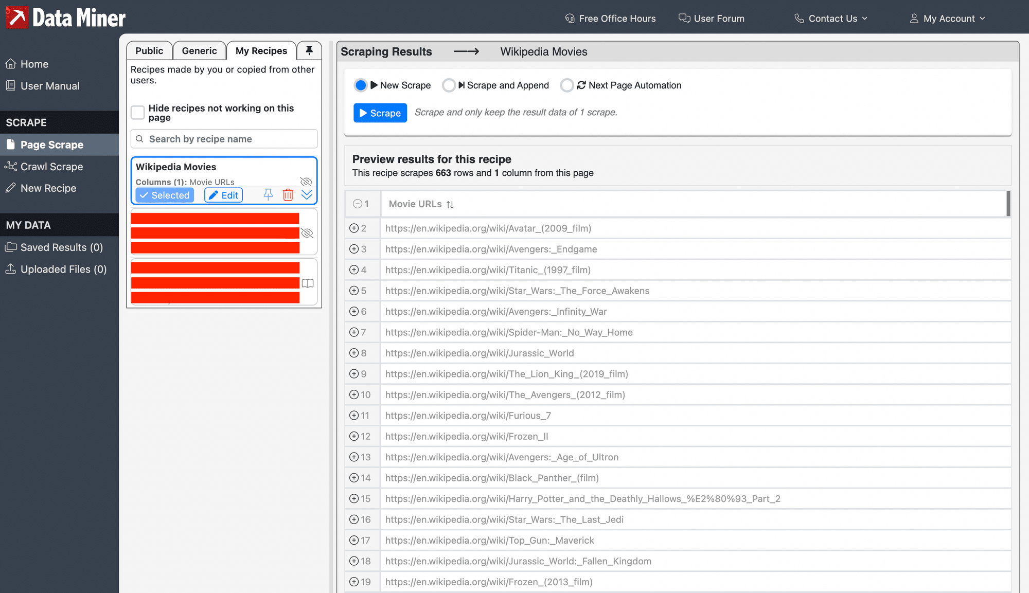 Screenshot of Data Miner movie URL scraping results