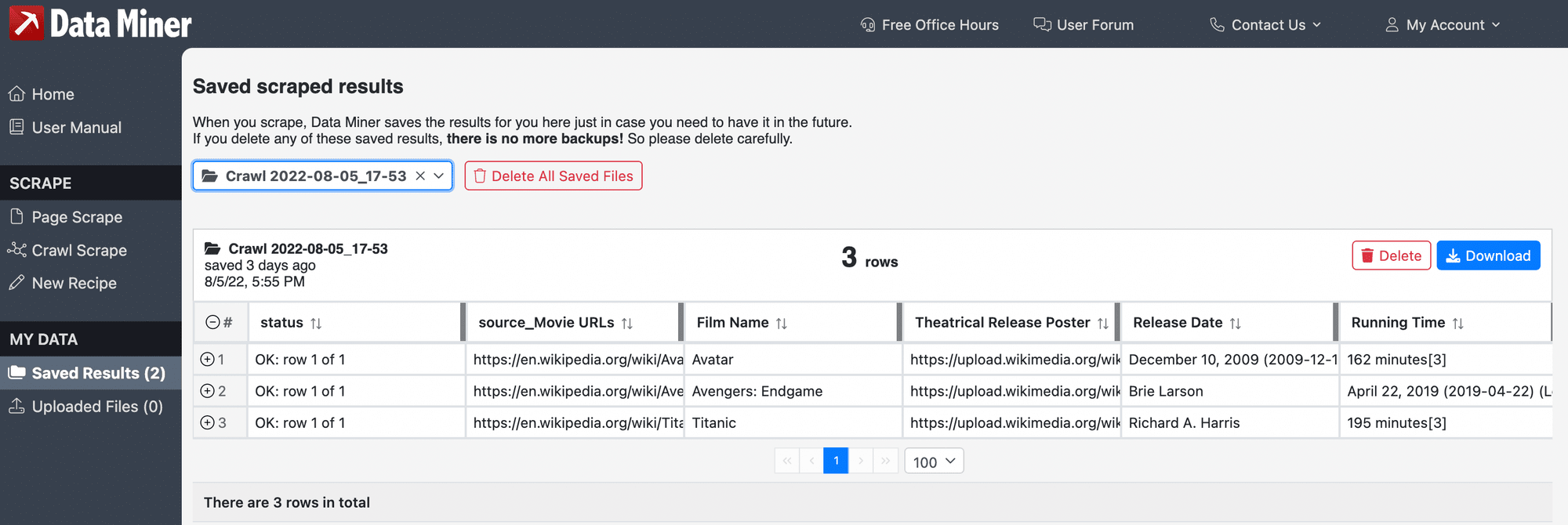 Screenshot of Data Miner movie detail scraping results