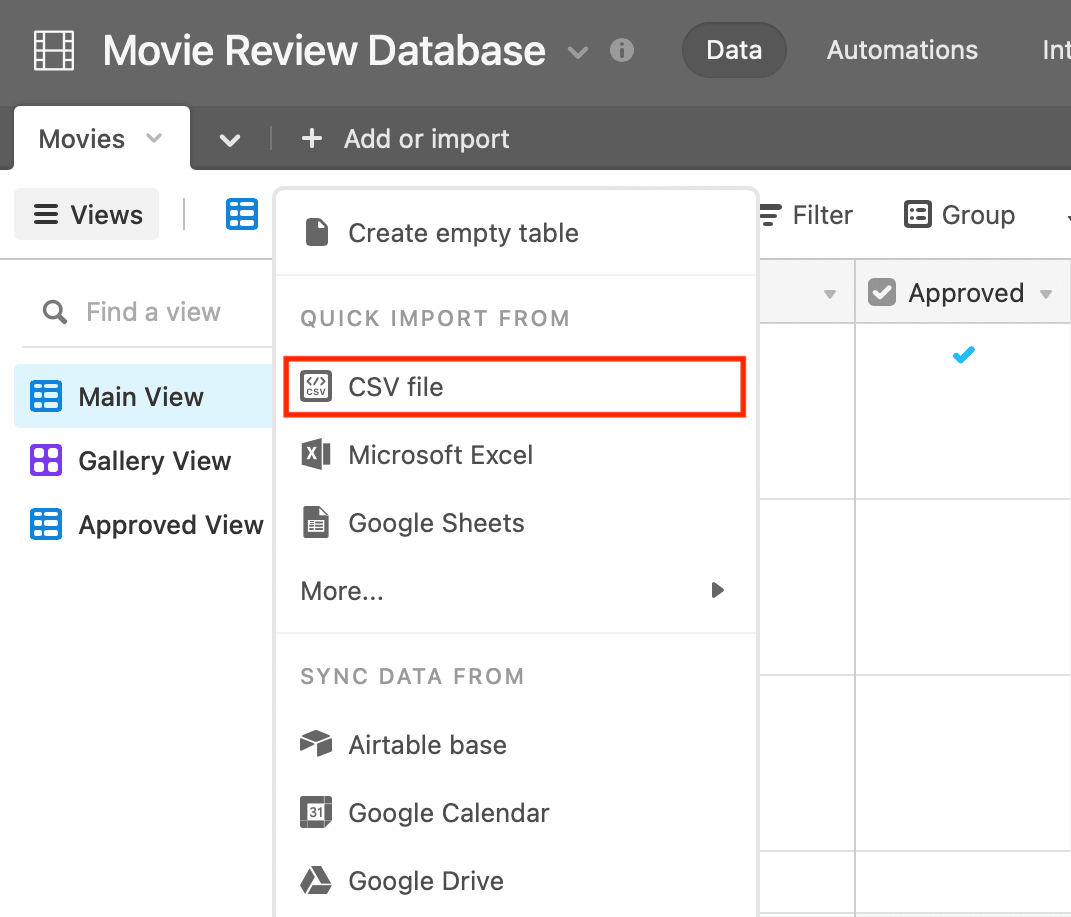 Screenshot of Airtable quick import options with CSV outlined in red