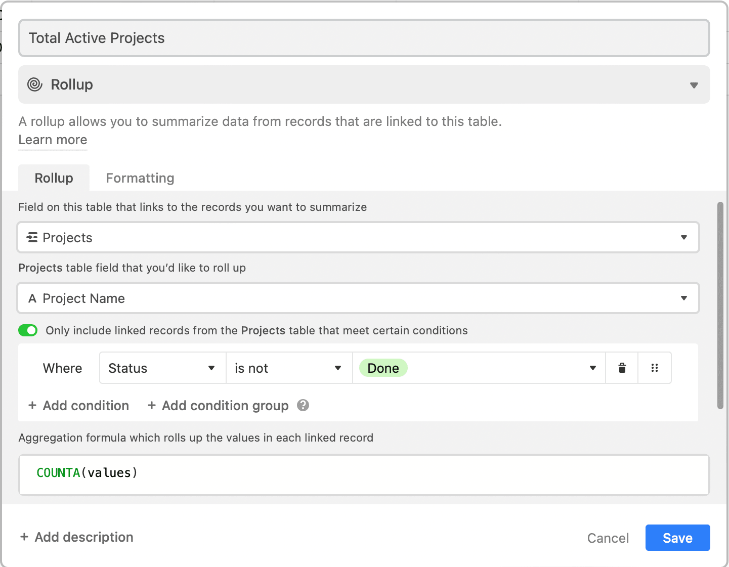 Screenshot of Airtable rollup field configuration