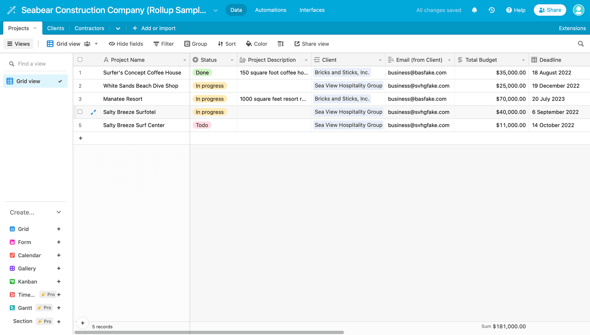 Screenshot of Airtable rollup sample base