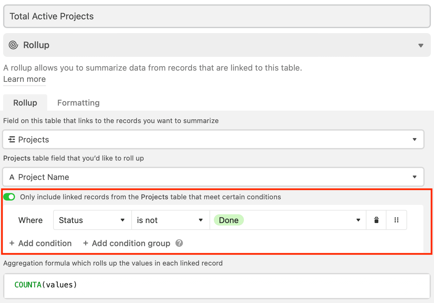 Screenshot of rollup function configuration with red box around conditions