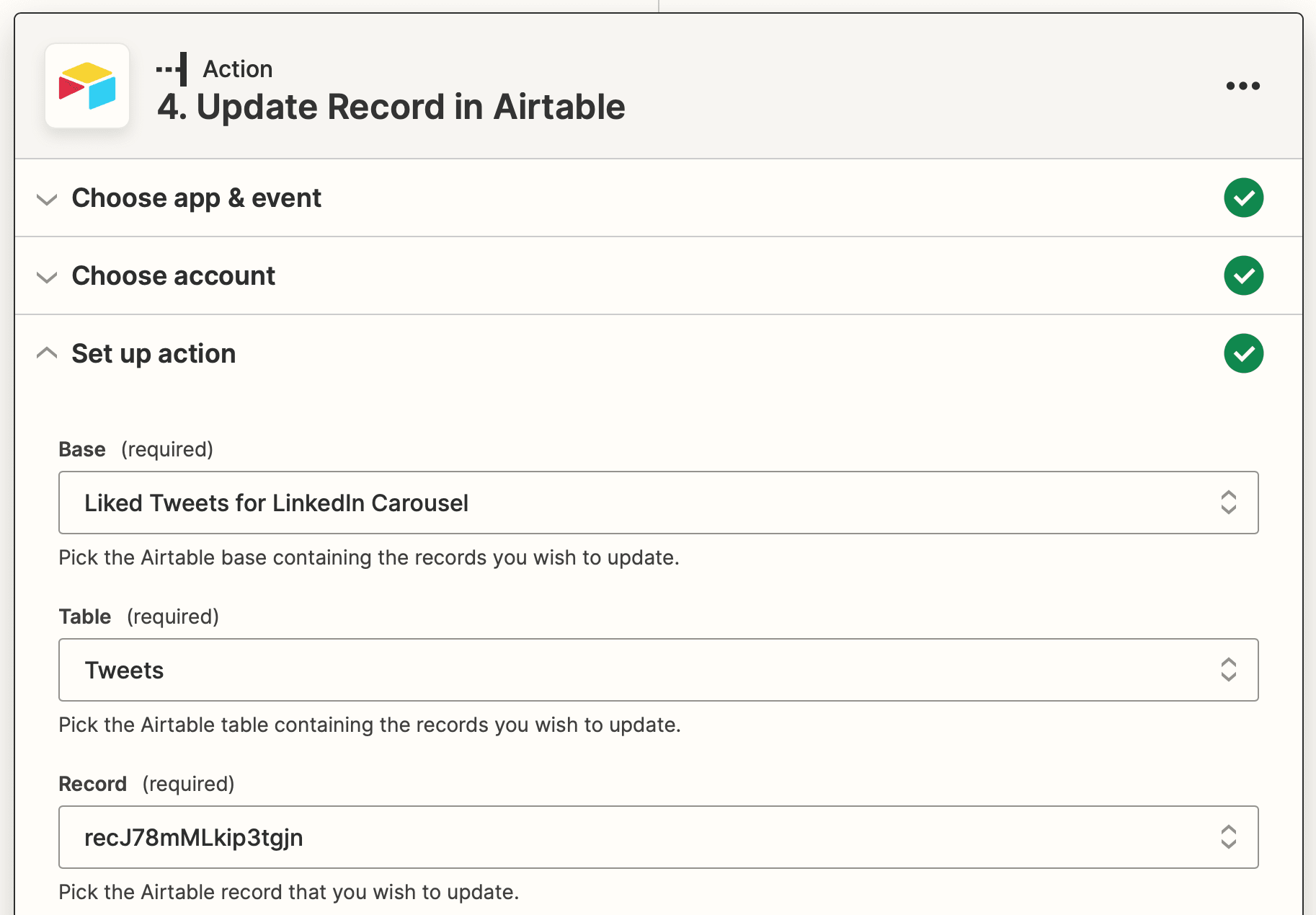 Screenshot of Zapier Airtable update record action setup