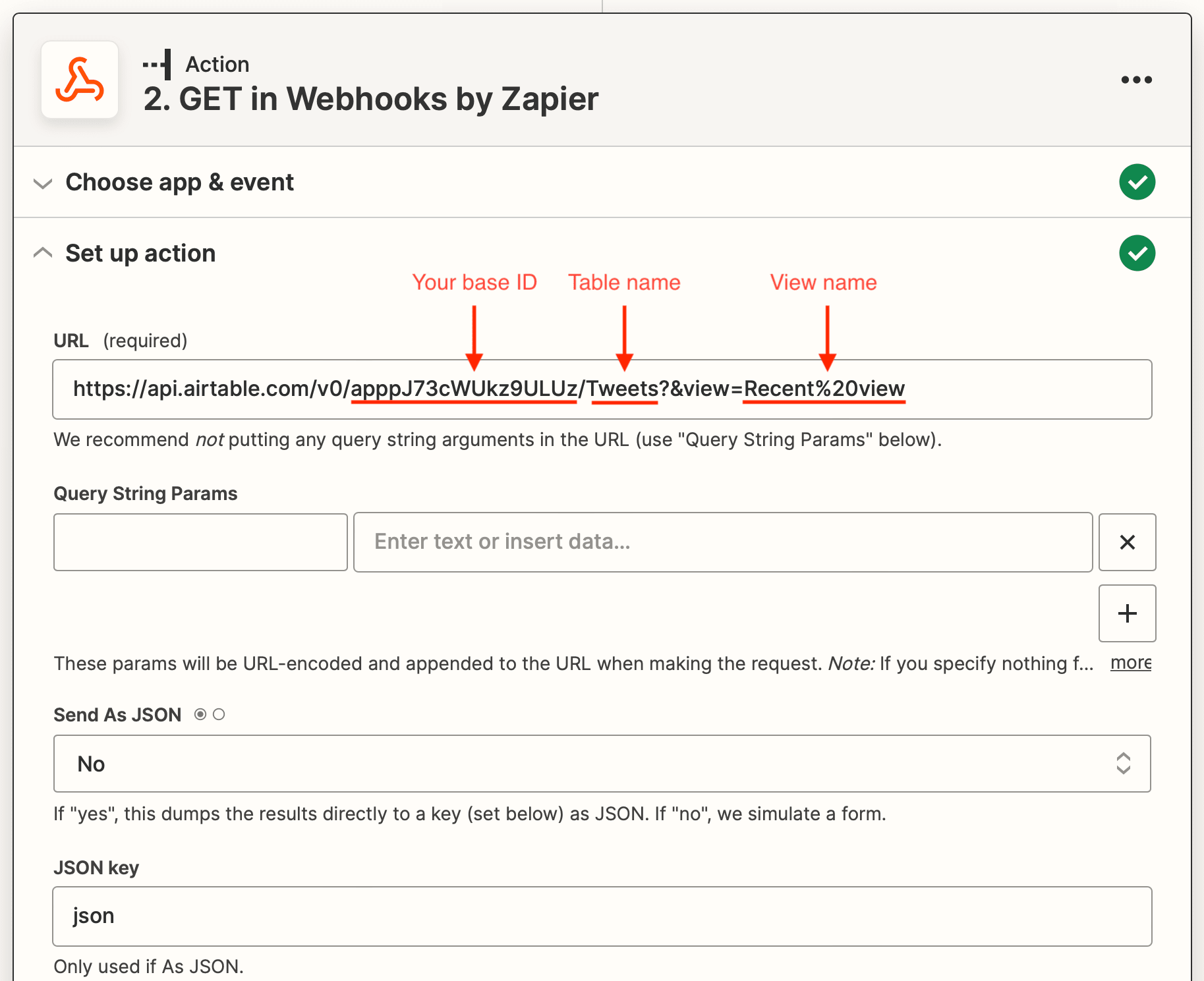Screenshot of Zapier GET in webhooks action with red text pointing to customizable URL segments