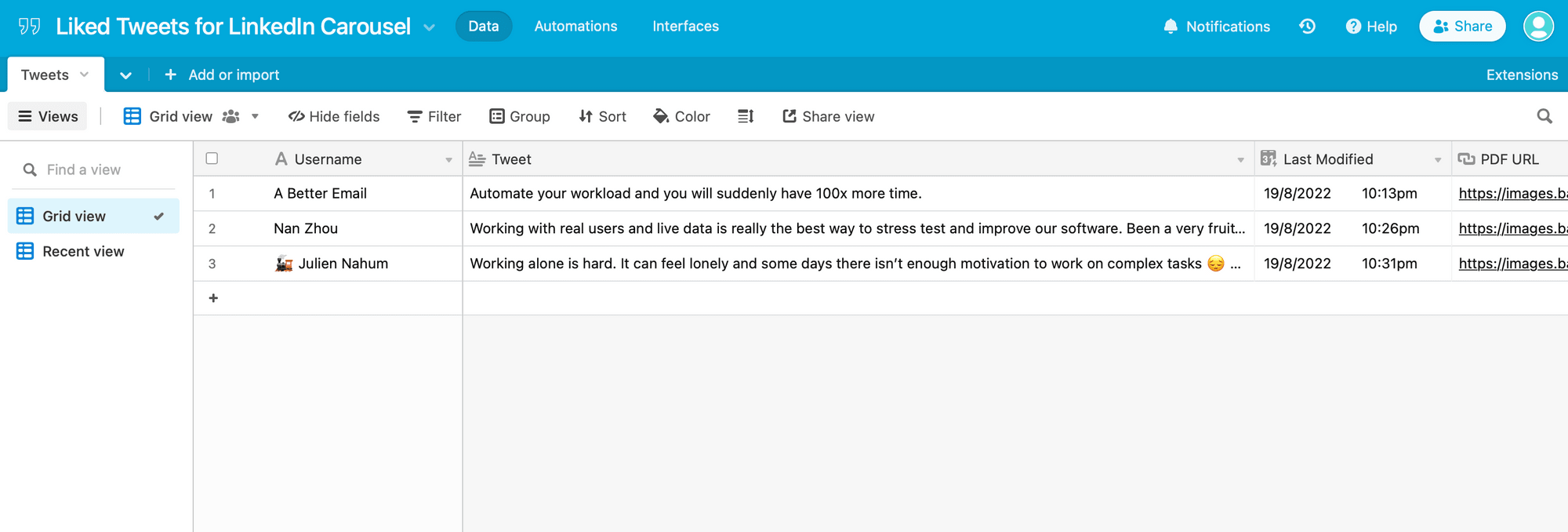 Screenshot of Airtable liked Tweets and generated URLs completed base