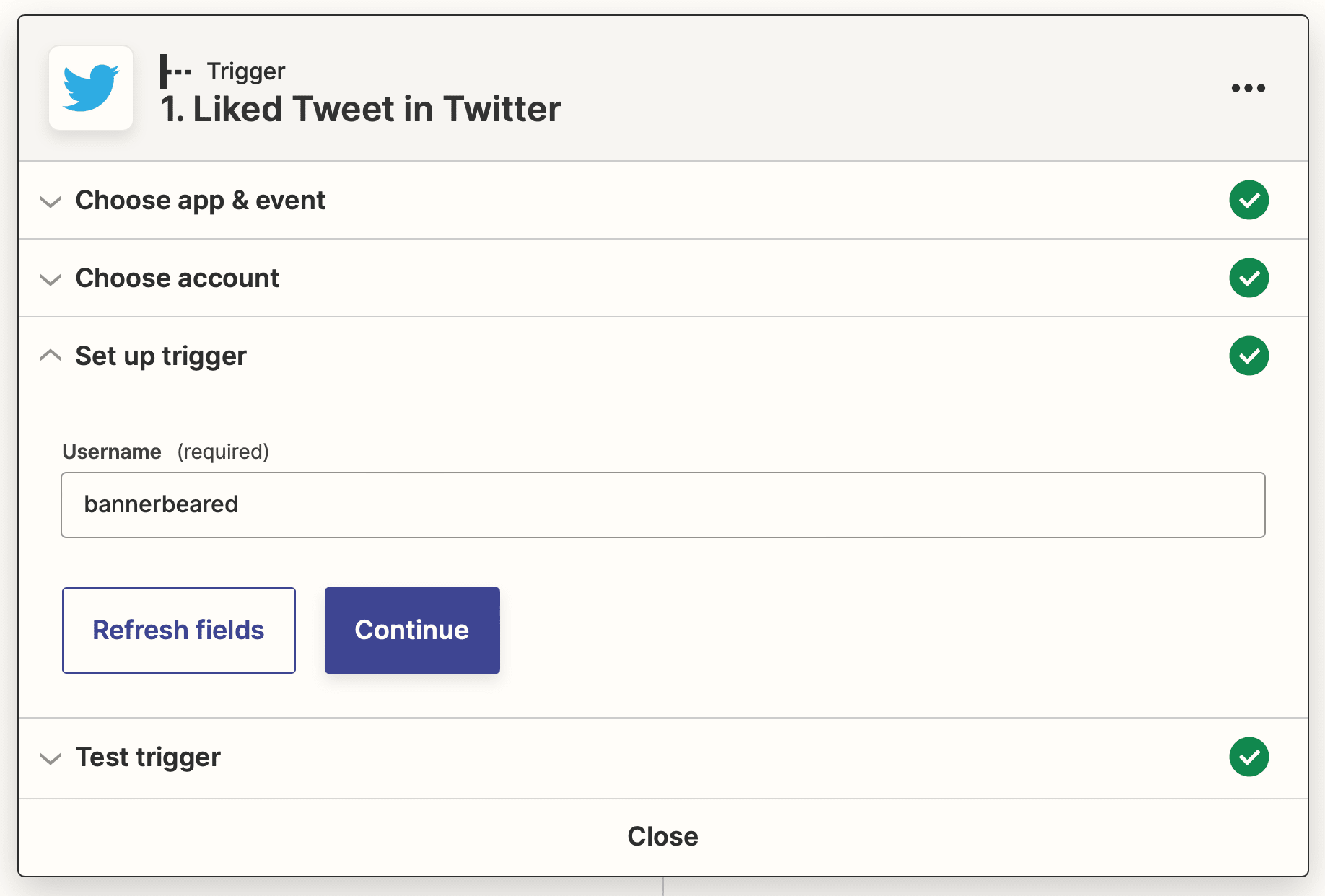 Screenshot of Zapier Twitter liked tweet trigger