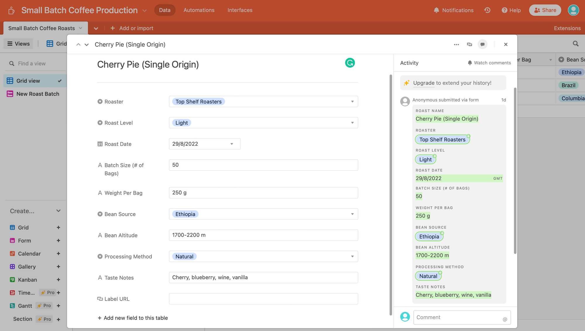 Screenshot of Airtable grid view with added fields