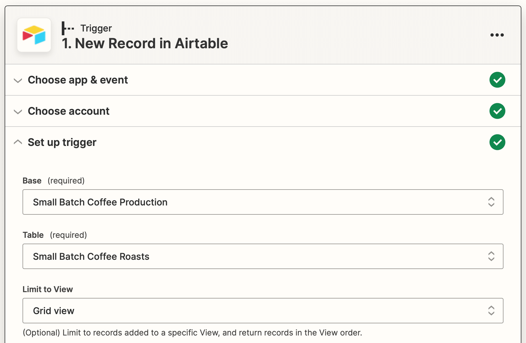 Screenshot of Zapier Airtable new record trigger setup