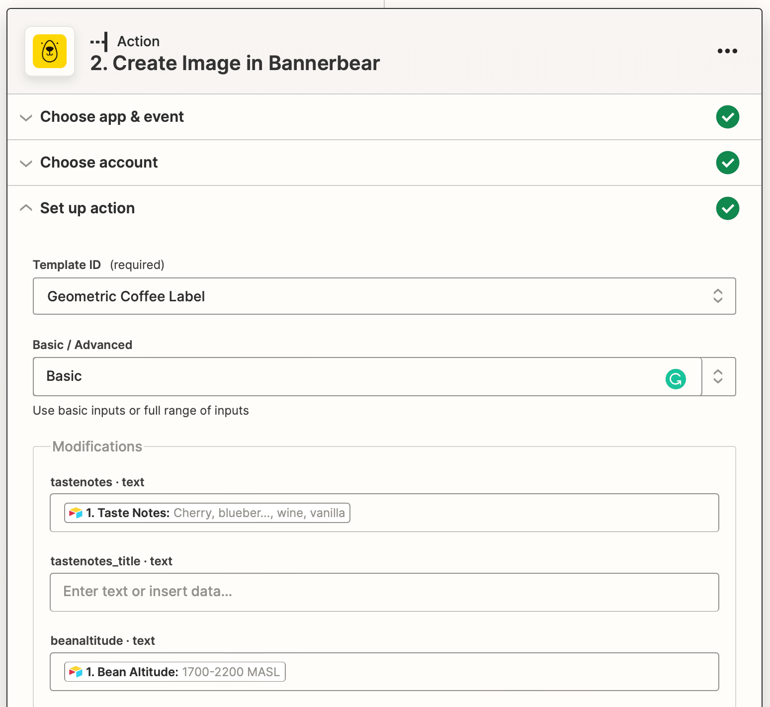 Screenshot of Zapier Bannerbear create image action setup