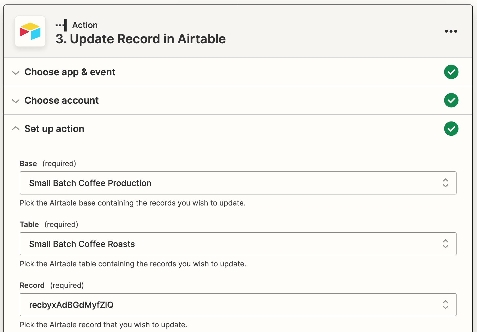 Screenshot of Zapier Airtable update record action setup