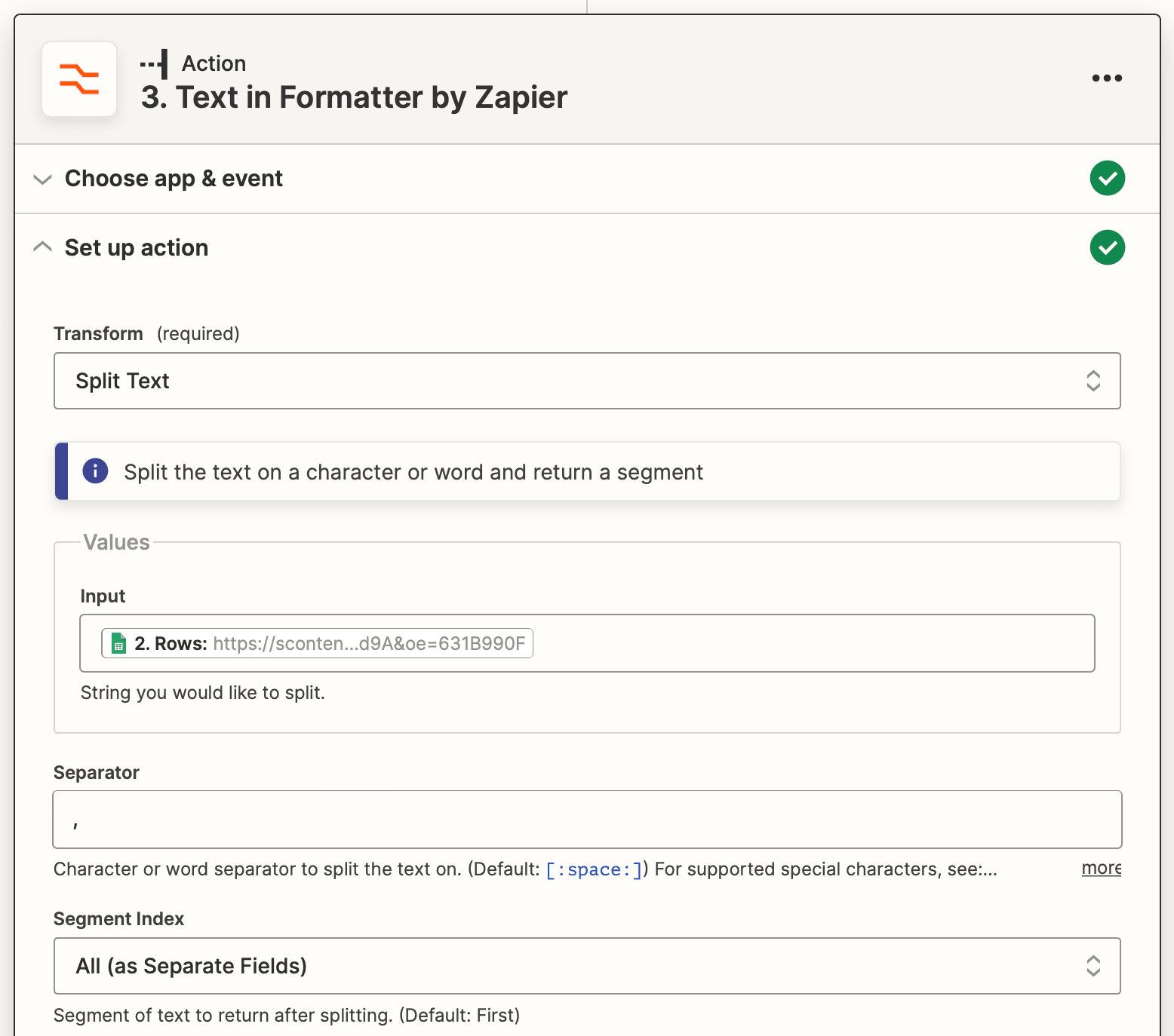 Screenshot of Zapier text in formatter action setup