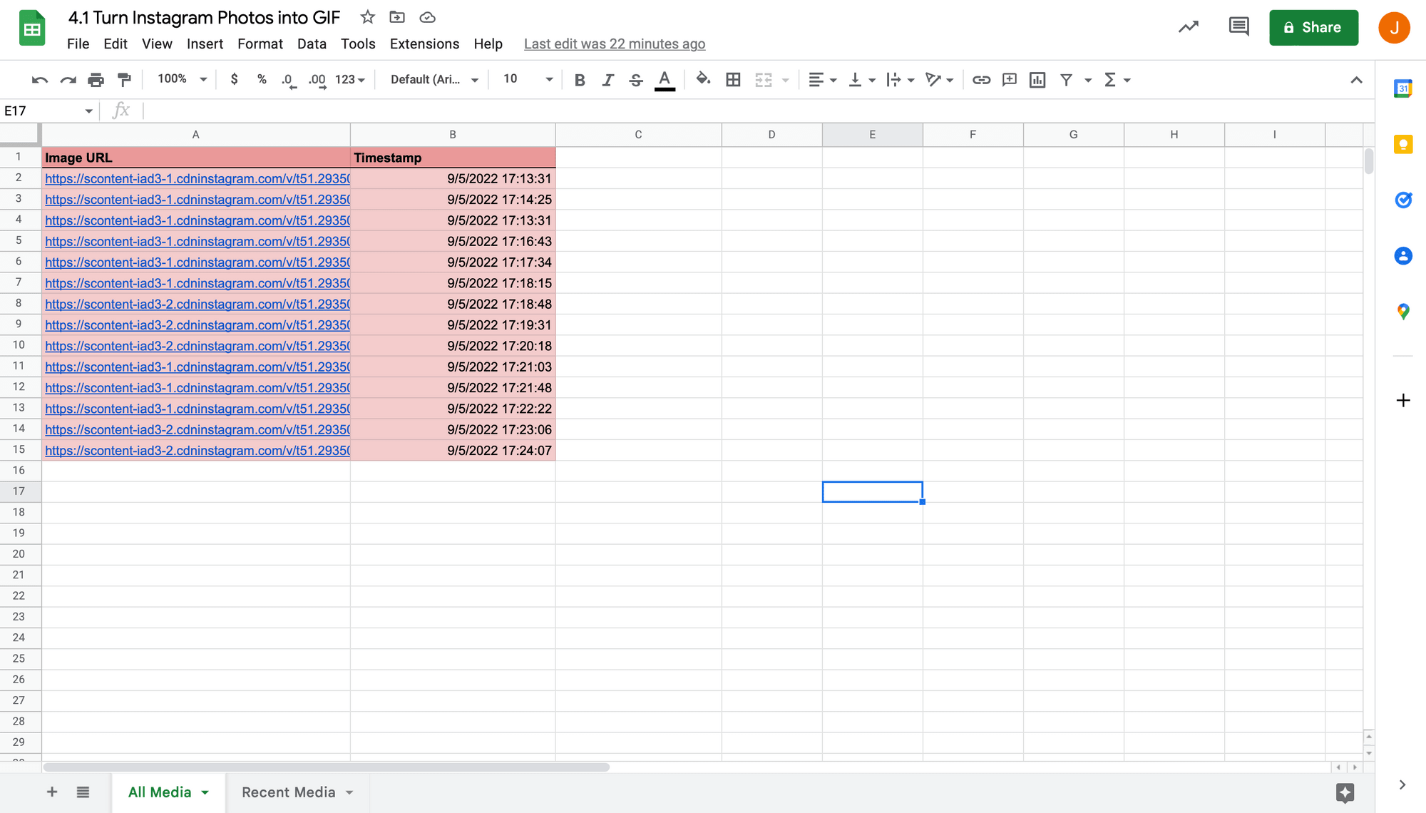 Screenshot of Google Sheets All Media table