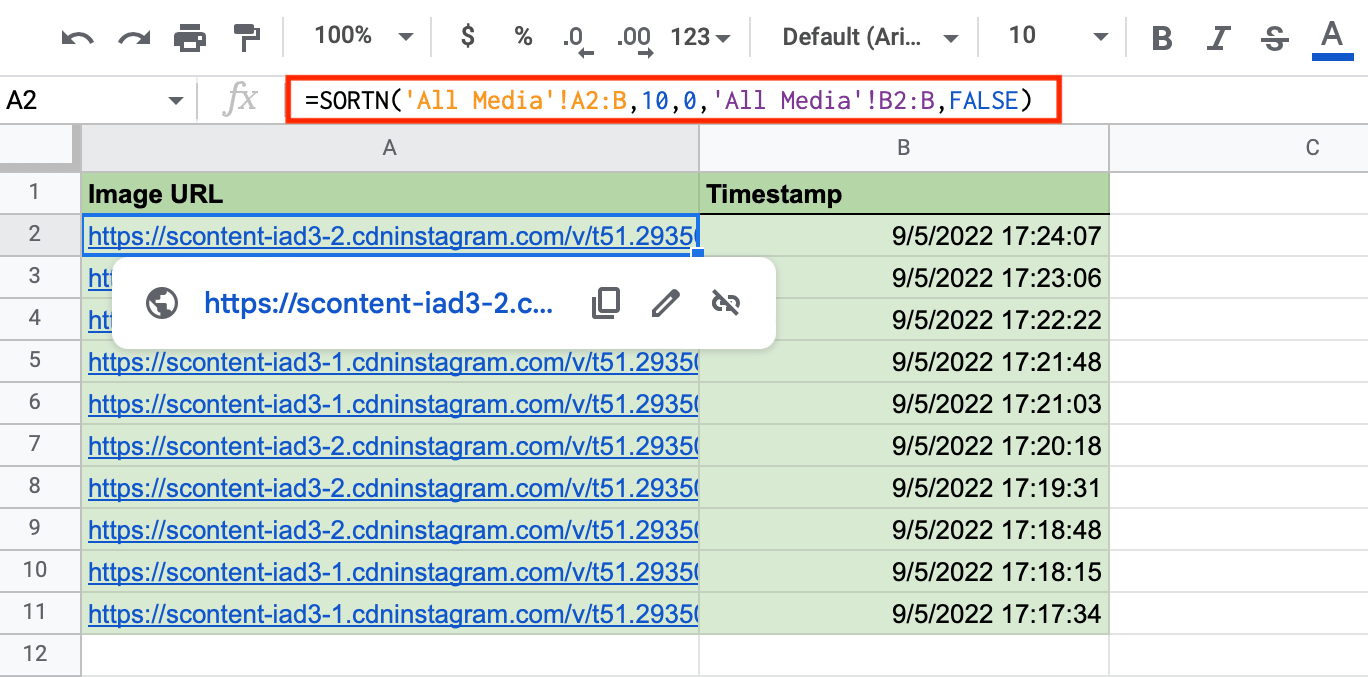 Screenshot of Google Sheets Recent Media table with red box around SORTN formula