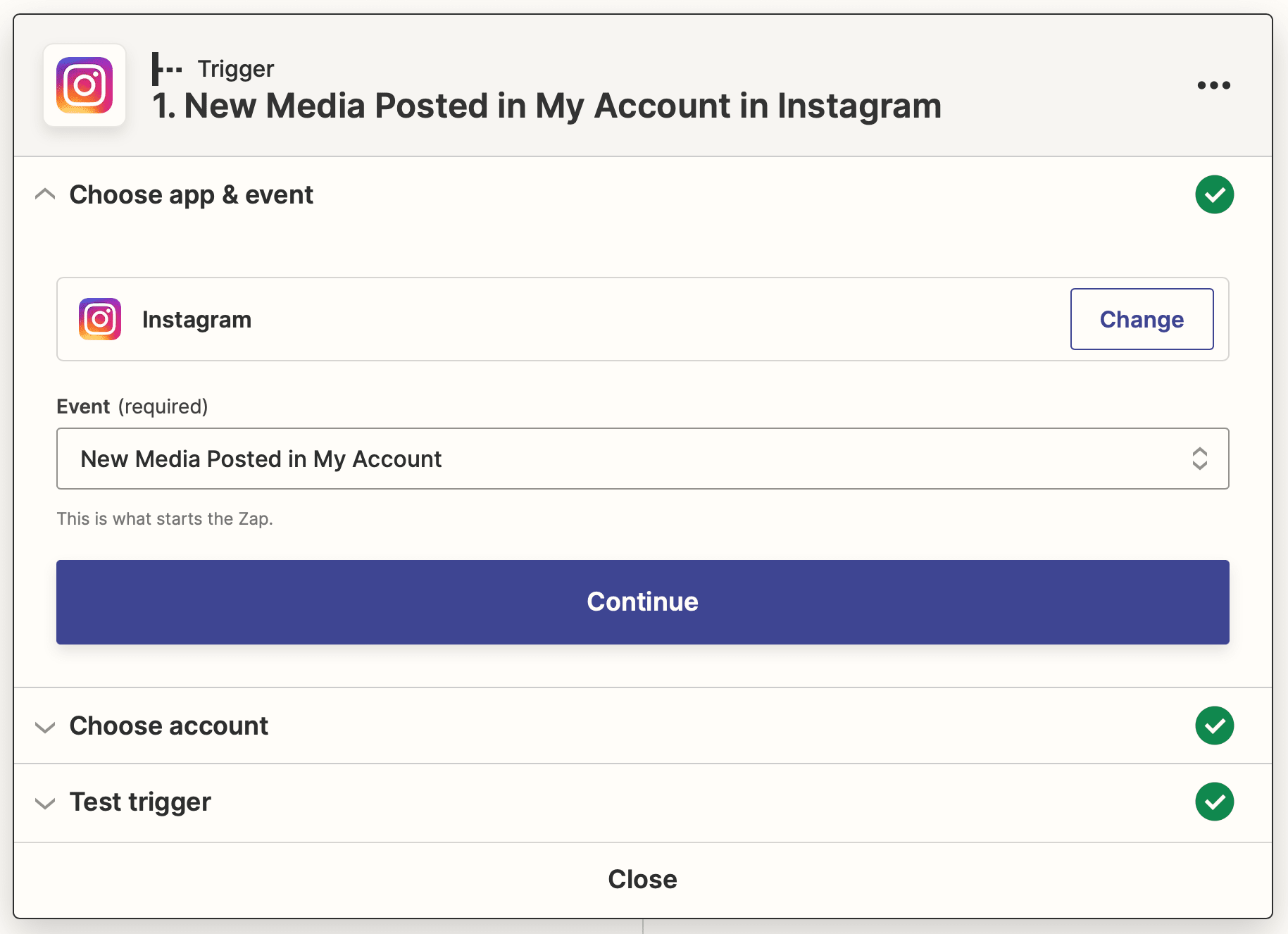 Screenshot of Zapier Instagram new media posted trigger