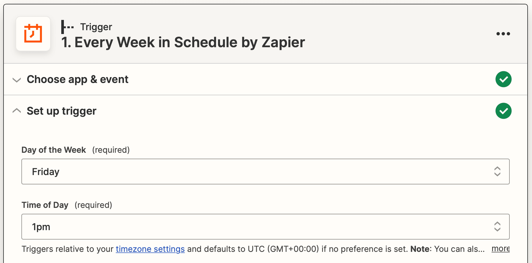 Screenshot of Zapier every week in schedule trigger setup